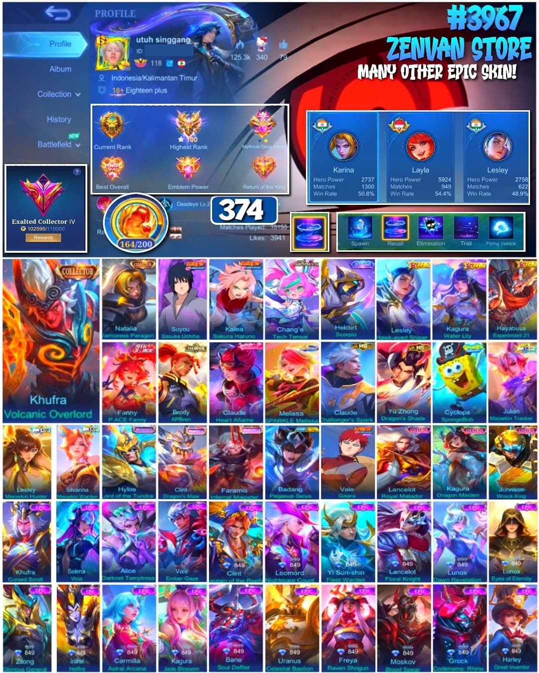 🔥 #3967 🔥 374 Skins 💎 Collector Kufra & Natalia 👑 Sasuke & Sakura ⚔️ Aspirant Chang'e ⭐ SpongeBob 🌟 Many Limited 🎯 Many Zodiac ✨ Many Epic ✅ Safe Account