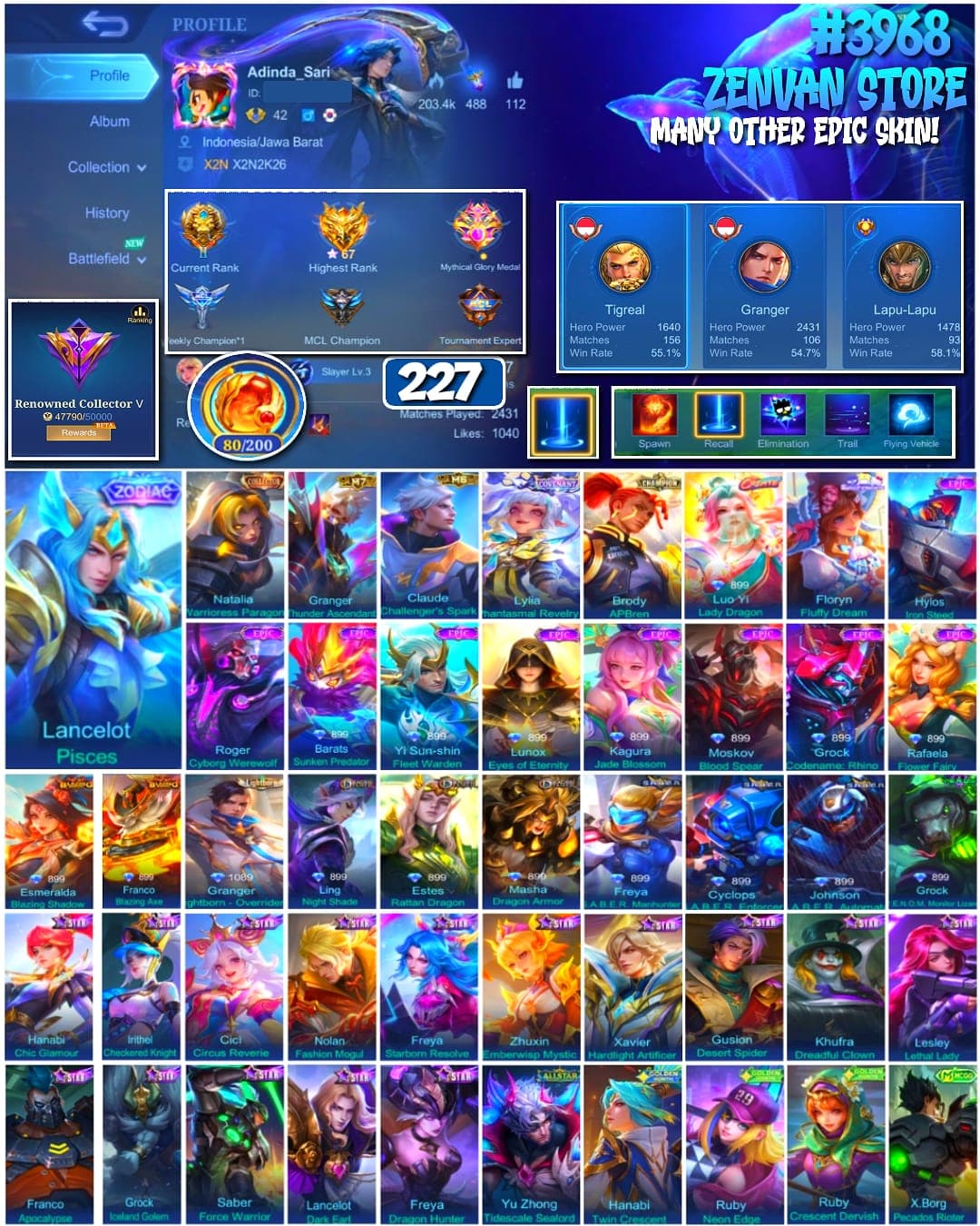 🔥 #3968 🔥 227 Skins 💎 Collector Natalia 👑 Sanrio Floryn ⚔️ Many Limited ⭐ Many Zodiac 🌟 Many Epic ✅ Safe Account