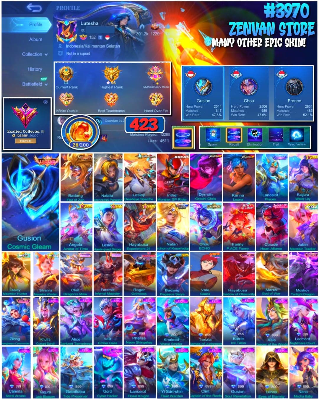 🔥 #3970 🔥 423 Skins 💎 Legend Gusion 👑 Collector Badang & Natalia ⚔️ Aspirant Lesley ⭐ Ducati Irithel 🌟 KoF Dyroth & Karina 🎯 Transformer Roger ✨ Many Limited 🔱 Many Zodiac 💎 Many Epic ✅ Safe Account