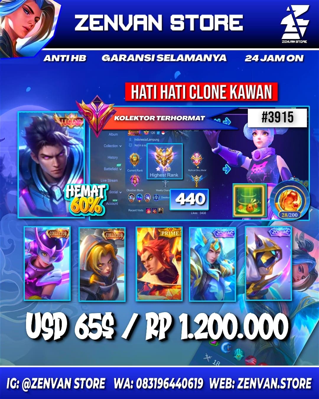 🔥 #3915 🔥 440 Skins 💎 Legend Alucard 👑 Collector Wanwan & Natalia ⚔️ Prime Yu Zhong ⭐ SpongeBob 🌟 Transformer Roger 🎯 KoF Karina ✨ Many Limited 🔱 Many Zodiac 💎 Many Epic ✅ Safe Account