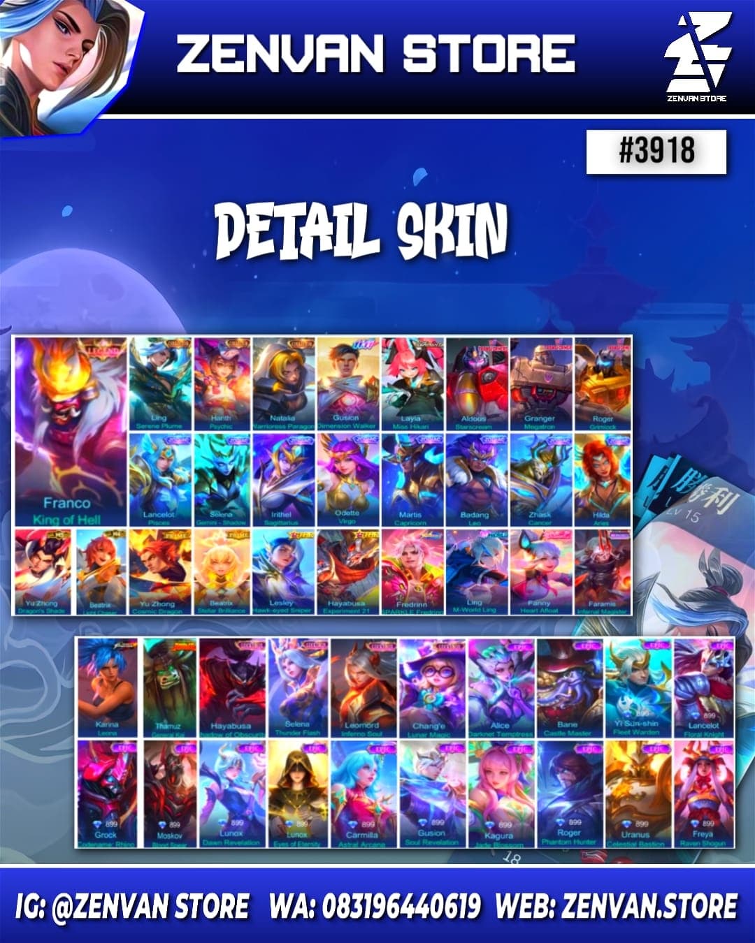 Thumbnail 2 akun ML 🔥 #3918 🔥 389 Skins 💎 Legend Franco 👑 Collector Ling & Natalia ⚔️ 11.11 Gusion ⭐ Transformer Aldous, Granger & Roger 🌟 Prime Yu Zhong & Beatrix 🎯 KoF Karina ✨ Many Limited 🔱 Many Zodiac 💎 Many Epic ✅ Safe Account