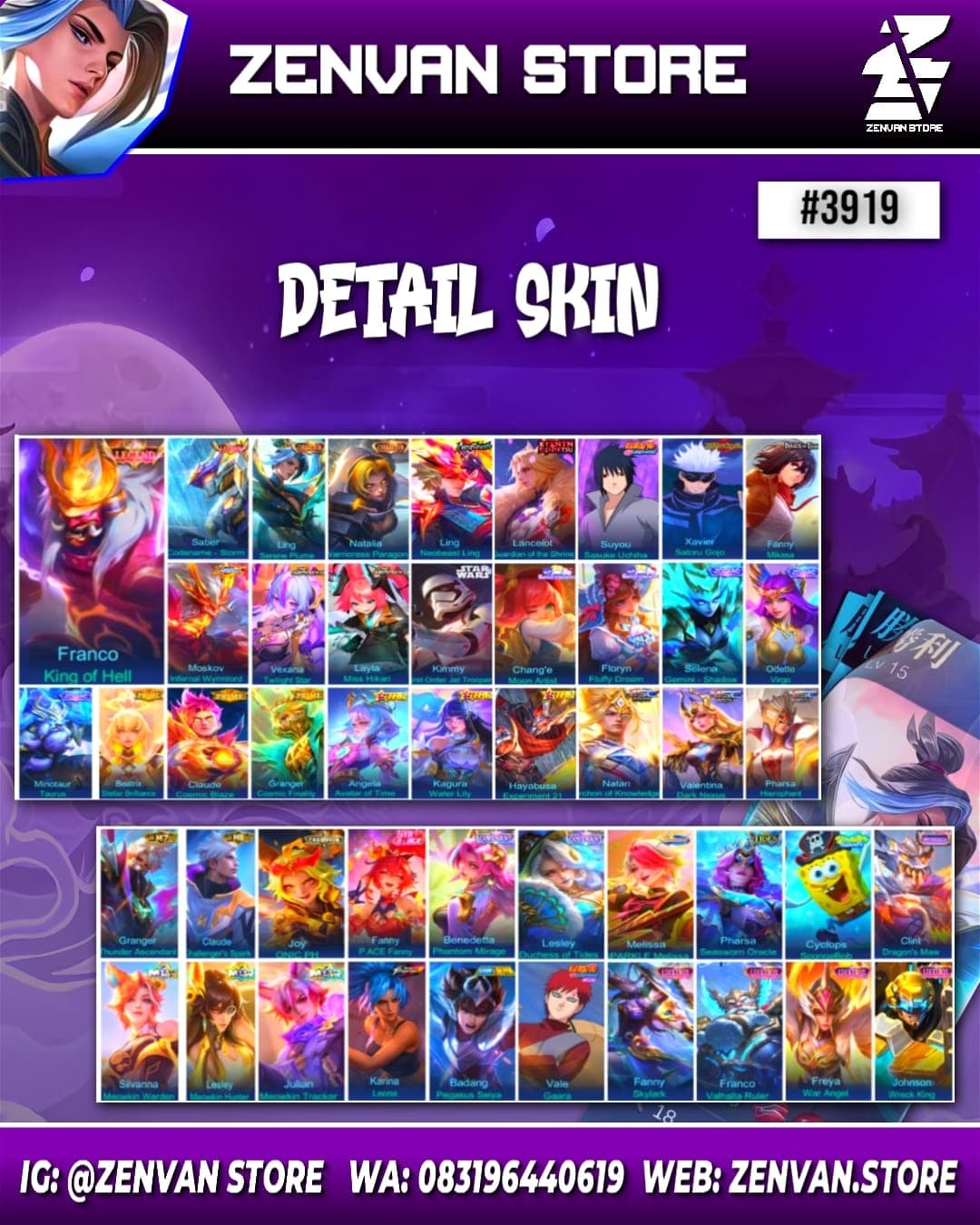 Thumbnail 2 akun ML 🔥 #3919 🔥 459 Skins 💎 Legend Franco & Saber 👑 Collector Ling & Natalia ⚔️ Neobeast Ling ⭐ Kinsin Lance 🌟 Sasuke 🎯 Jujutsu Kaisen Gojo ✨ Attack on Titan Mikasa 🔱 Internal Moskov 💎 Aspirant Vexana & Layla 👑 Starwars Kimmy ⚔️ Sanrio Chang'e & Floryn ⭐ Prime Claude, Beatrix & Granger 🌟 SpongeBob 🎯 KoF Karina ✨ Many Limited 🔱 Many Zodiac 💎 Many Epic ✅ Safe Account