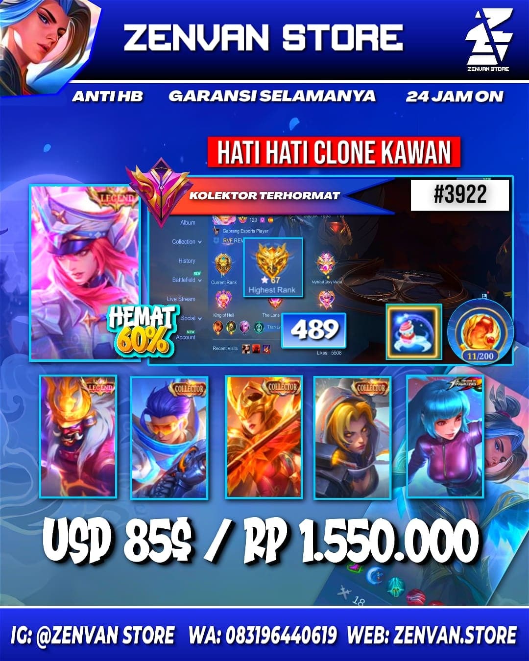 🔥 #3922 🔥 489 Skins 💎 Legend Freya & Franco 👑 Collector Pharsa, Granger & Natalia ⚔️ KoF Aurora & Karina ⭐ Prime Claude 🌟 Transformer Roger 🎯 Many Limited ✨ Many Zodiac 🔱 Many Epic ✅ Safe Account