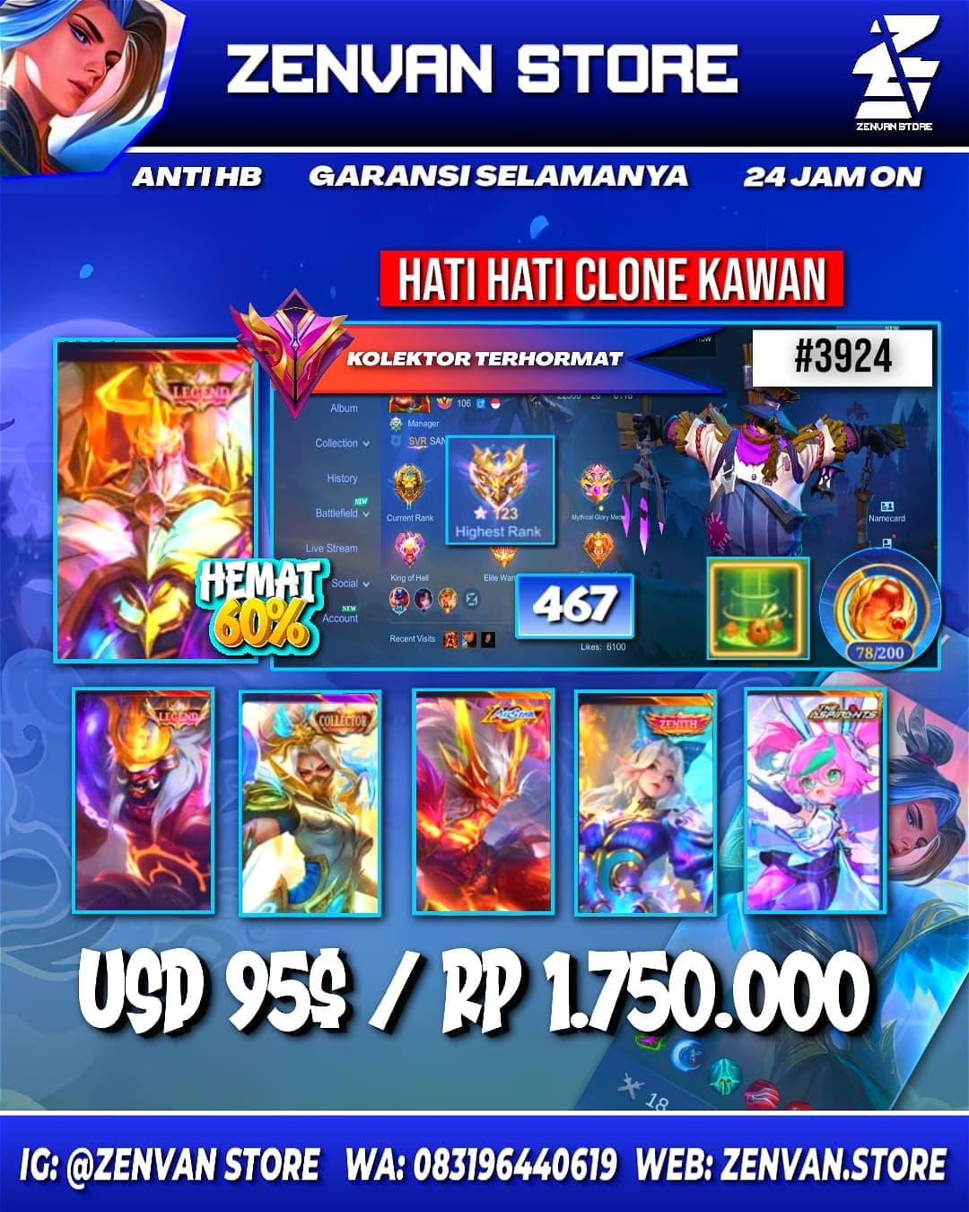 🔥 #3924 🔥 467 Skins 💎 Legend Franco & Jhonson 👑 Collector Hanabi & Natalia ⚔️ Zenith Selena ⭐ Internal Moskov 🌟 Aspirant Chang'e 🎯 KoF Karina ✨ Transformer Roger 🔱 Many Limited 💎 Many Zodiac 👑 Many Epic ✅ Safe Account
