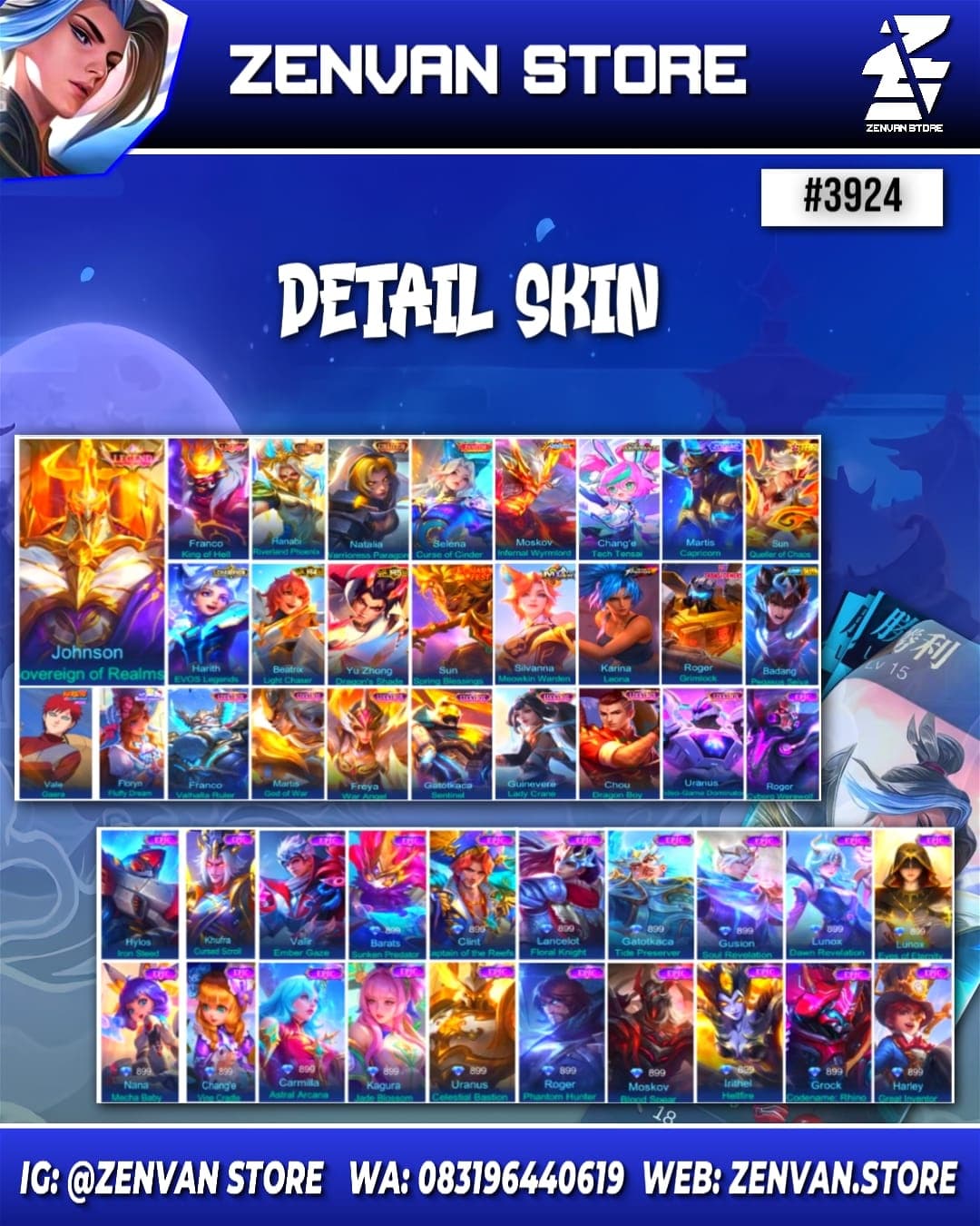 Thumbnail 2 akun ML 🔥 #3924 🔥 467 Skins 💎 Legend Franco & Jhonson 👑 Collector Hanabi & Natalia ⚔️ Zenith Selena ⭐ Internal Moskov 🌟 Aspirant Chang'e 🎯 KoF Karina ✨ Transformer Roger 🔱 Many Limited 💎 Many Zodiac 👑 Many Epic ✅ Safe Account