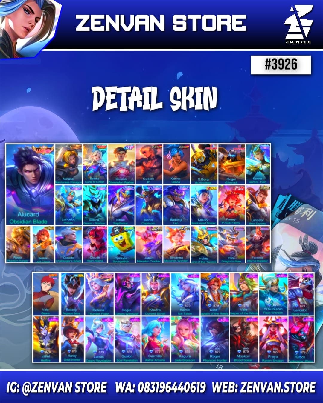 Thumbnail 2 akun ML 🔥 #3926 🔥 418 Skins 💎 Legend Alucard 👑 Collector Natalia ⚔️ Zenith Selena ⭐ 11.11 Gusion 🌟 KoF Gusion & Karina 🎯 Transformer X Borg & Roger ✨ SpongeBob 🔱 Many Limited 💎 Many Zodiac 👑 Many Epic ✅ Safe Account