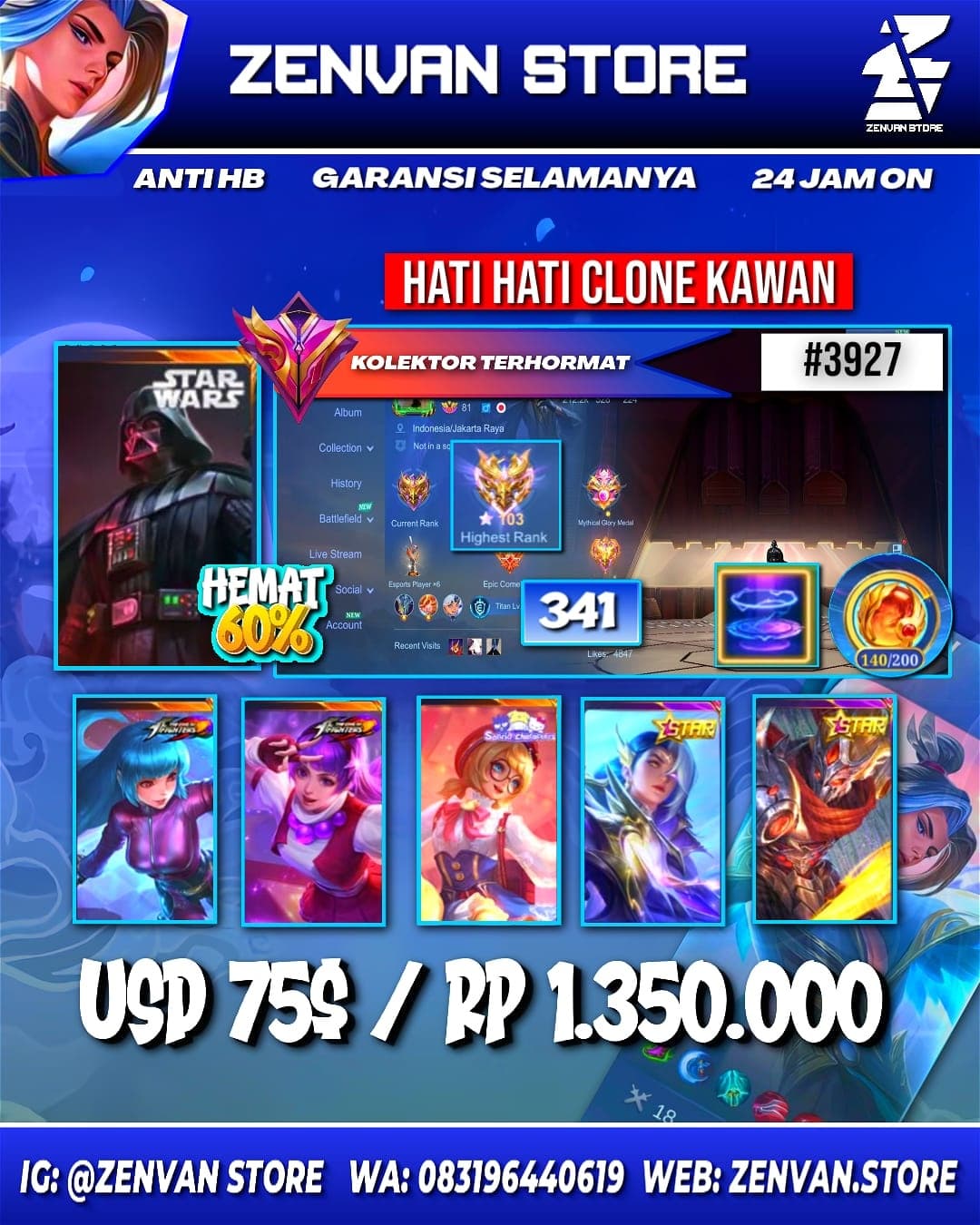 🔥 #3927 🔥 341 Skins 💎 Collector Natalia 👑 Starwars Argus ⚔️ KoF Guinevere, Karina & Aurora ⭐ Sanrio Angela & Floryn 🌟 Transformer Roger 🎯 Many Limited ✨ Many Zodiac 🔱 Many Epic ✅ Safe Account