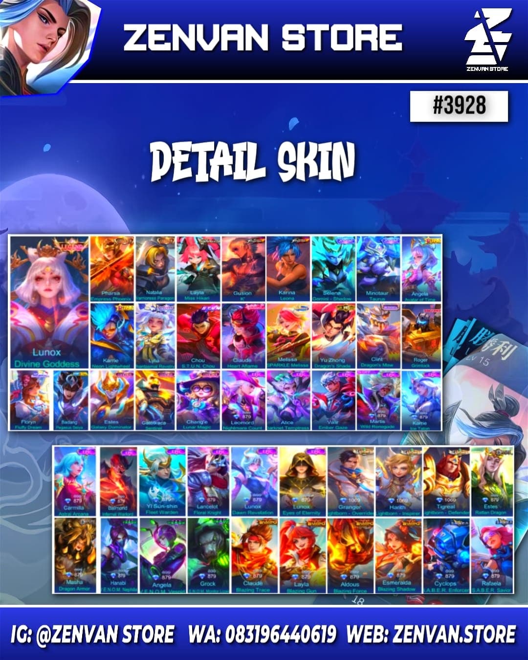 Thumbnail 2 akun ML 🔥 #3928 🔥 302 Skins 💎 Legend Lunox 👑 Collector Pharsa & Natalia ⚔️ Aspirant Layla ⭐ KoF Gusion & Karina 🌟 Stun Chou 🎯 Transformer Roger ✨ Many Limited 🔱 Many Zodiac 💎 Many Epic ✅ Safe Account
