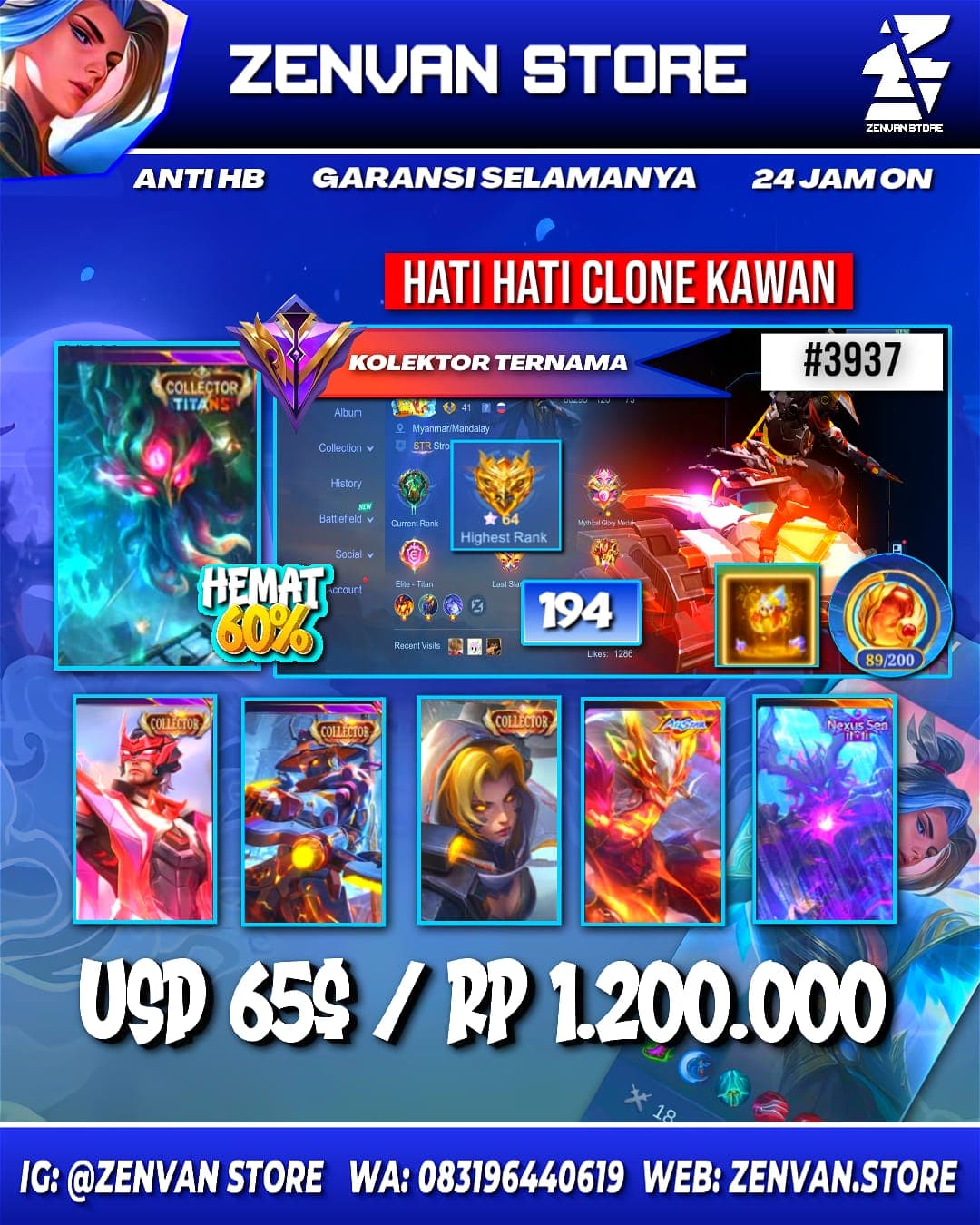 🔥 #3937 🔥 194 Skins 💎 Collector Grock, Clint, Yi Sun-shin & Natalia 👑 KoF Karina ⚔️ Prime Granger ⭐ SpongeBob 🌟 Patrick 🎯 Many Limited ✨ Many Star 🔱 Many Epic ✅ Safe Account