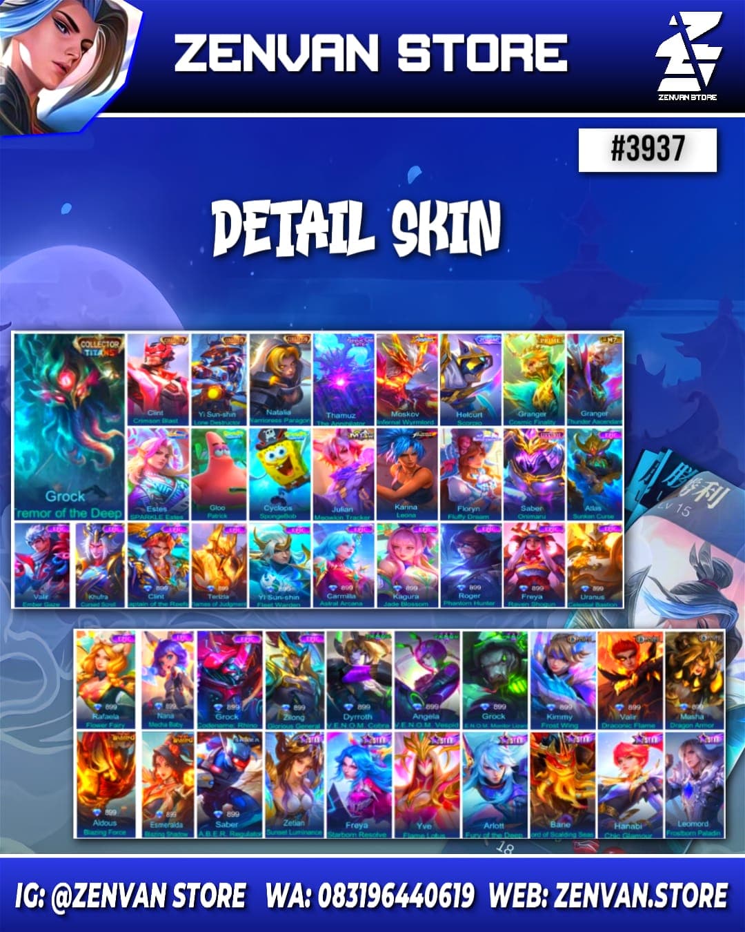 Thumbnail 2 akun ML 🔥 #3937 🔥 194 Skins 💎 Collector Grock, Clint, Yi Sun-shin & Natalia 👑 KoF Karina ⚔️ Prime Granger ⭐ SpongeBob 🌟 Patrick 🎯 Many Limited ✨ Many Star 🔱 Many Epic ✅ Safe Account