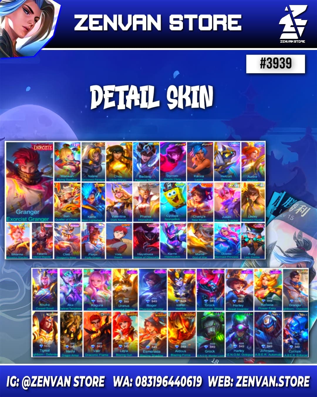 Thumbnail 2 akun ML 🔥 #3939 🔥 281 Skins 💎 Collector Natalia 👑 Exorcist Granger ⚔️ Saint Seiya Badang & Chou ⭐ KoF Dyroth & Karina 🌟 Vale Gaara 🎯 M-World Wanwan ✨ SpongeBob 🔱 Many Limited 💎 Many Zodiac 👑 Many Epic ✅ Safe Account