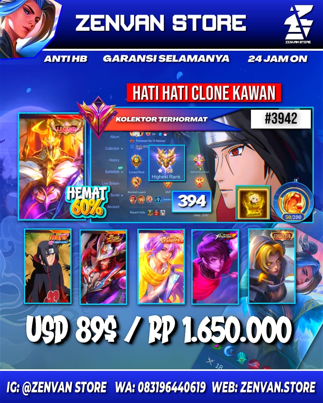 🔥 #3942 🔥 394 Skins 💎 Legend Jhonson 👑 Collector Natalia ⚔️ Valentine Lance ⭐ Itachi 🌟 Soul Valls Clint 🎯 KoF Dyroth & Karina ✨ Prime Yu Zhong, Claude & Granger 🔱 SpongeBob 💎 Many Limited 👑 Many Zodiac ⚔️ Many Epic ✅ Safe Account