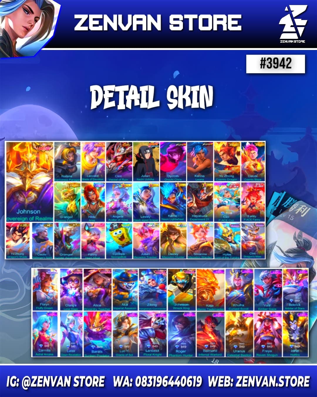 Thumbnail 2 akun ML 🔥 #3942 🔥 394 Skins 💎 Legend Jhonson 👑 Collector Natalia ⚔️ Valentine Lance ⭐ Itachi 🌟 Soul Valls Clint 🎯 KoF Dyroth & Karina ✨ Prime Yu Zhong, Claude & Granger 🔱 SpongeBob 💎 Many Limited 👑 Many Zodiac ⚔️ Many Epic ✅ Safe Account