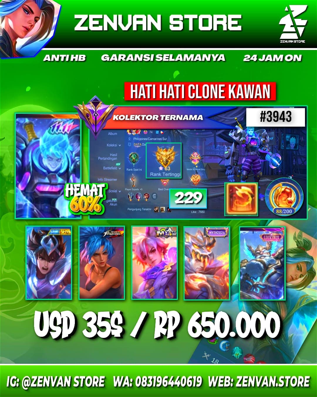 🔥 #3943 🔥 229 Skins 💎 KoF Karina 👑 11.11 X Borg ⚔️ Saint Seiya Badang ⭐ Many Epic ✅ Safe Account