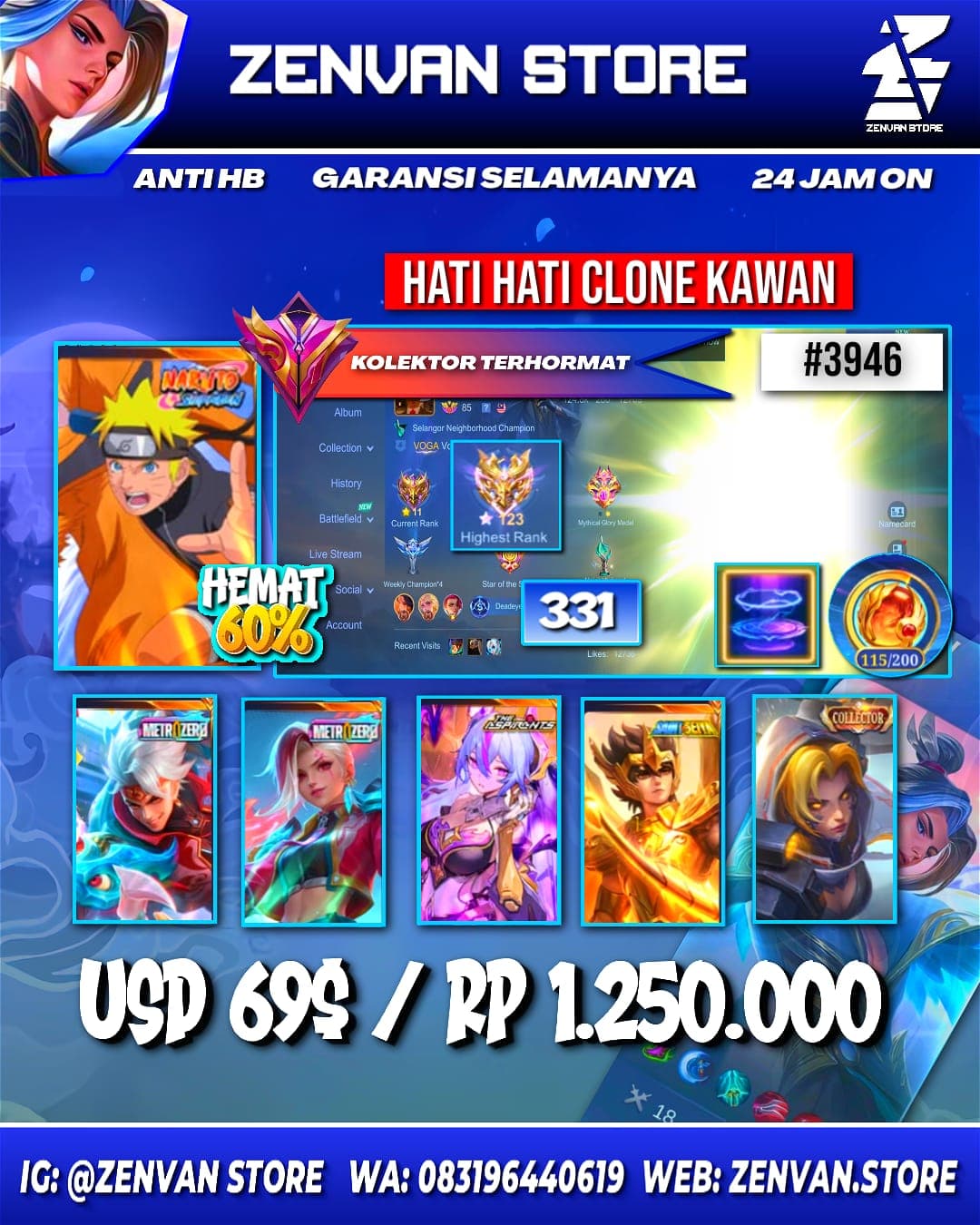 🔥 #3946 🔥 331 Skins 💎 Collector Natalia 👑 Naruto ⚔️ Zero X Borg & Ixia ⭐ Aspirant Vexana 🌟 Saint Seiya Badang 🎯 SpongeBob & Petrix ✨ Stun Chou 🔱 KoF Karina 💎 Many Limited 👑 Many Zodiac ⚔️ Many Epic ✅ Safe Account