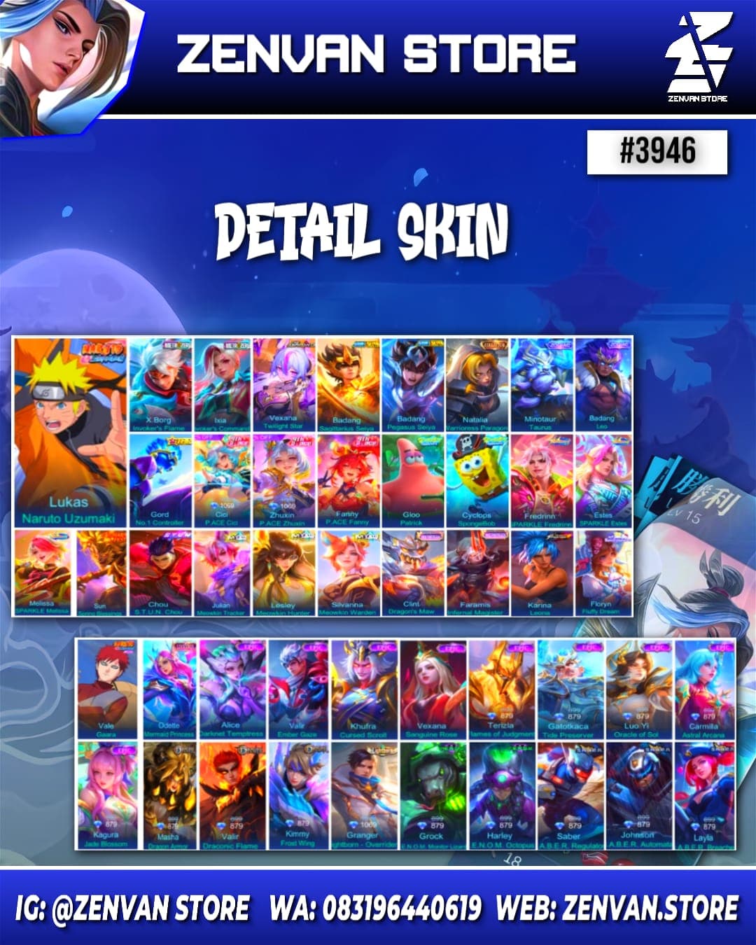 Thumbnail 2 akun ML 🔥 #3946 🔥 331 Skins 💎 Collector Natalia 👑 Naruto ⚔️ Zero X Borg & Ixia ⭐ Aspirant Vexana 🌟 Saint Seiya Badang 🎯 SpongeBob & Petrix ✨ Stun Chou 🔱 KoF Karina 💎 Many Limited 👑 Many Zodiac ⚔️ Many Epic ✅ Safe Account