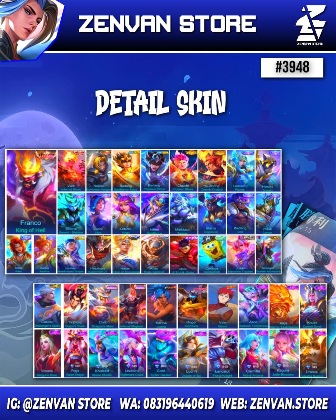 Thumbnail 2 akun ML 🔥 #3948 🔥 403 Skins 💎 Legend Franco & Valir 👑 Collector Natalia ⚔️ Saint Seiya Badang ⭐ Prime Claude & Yu Zhong 🌟 SpongeBob 🎯 Stun Chou ✨ KoF Karina 🔱 Many Limited 💎 Many Zodiac 👑 Many Epic ✅ Safe Account