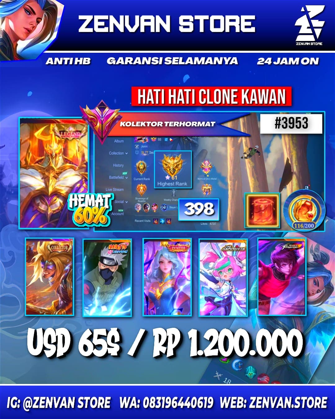 🔥 #3953 🔥 398 Skins 💎 Legend Jhonson 👑 Collector Badang & Natalia ⚔️ Kakashi ⭐ Zenith Vexana 🌟 Aspirant Chang'e 🎯 KoF Dyroth & Karina ✨ Prime Claude 🔱 SpongeBob 💎 Many Limited 👑 Many Epic ✅ Safe Account