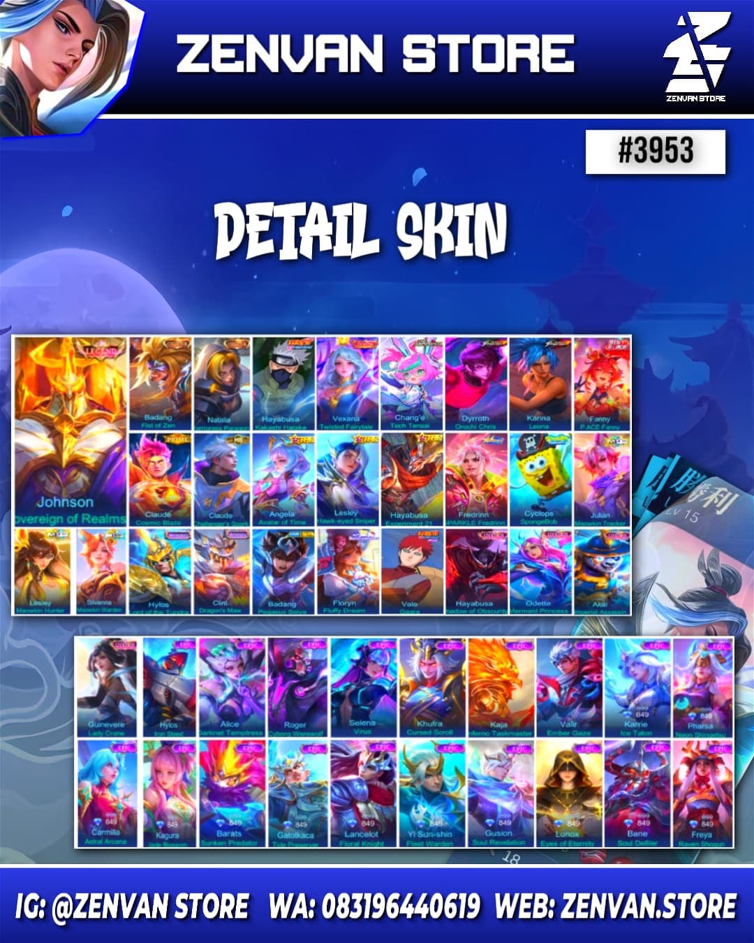 Thumbnail 2 akun ML 🔥 #3953 🔥 398 Skins 💎 Legend Jhonson 👑 Collector Badang & Natalia ⚔️ Kakashi ⭐ Zenith Vexana 🌟 Aspirant Chang'e 🎯 KoF Dyroth & Karina ✨ Prime Claude 🔱 SpongeBob 💎 Many Limited 👑 Many Epic ✅ Safe Account