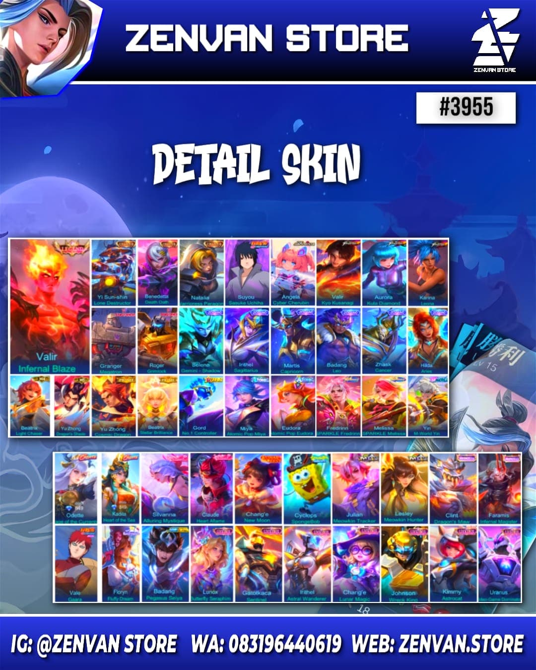 Thumbnail 2 akun ML 🔥 #3955 🔥 552 Skins 💎 Legend Valir 👑 Collector Yin Shun Shin, Benedetta & Natalia ⚔️ Sasuke ⭐ Aspirant Angela 🌟 KoF Valir, Aurora & Karina 🎯 Transformer Granger & Roger ✨ SpongeBob 🔱 Prime Yu Zhong & Beatrix 💎 Many Limited 👑 Many Zodiac ⚔️ Many Epic ✅ Safe Account