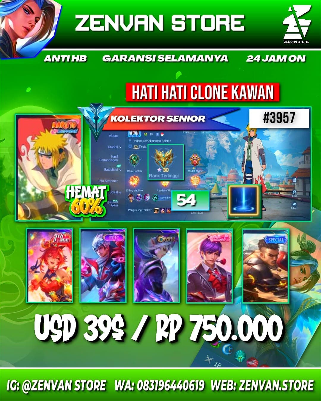 🔥 #3957 🔥 54 Skins 💎 Minato 👑 Many Epic Android Only ✅ Safe Account