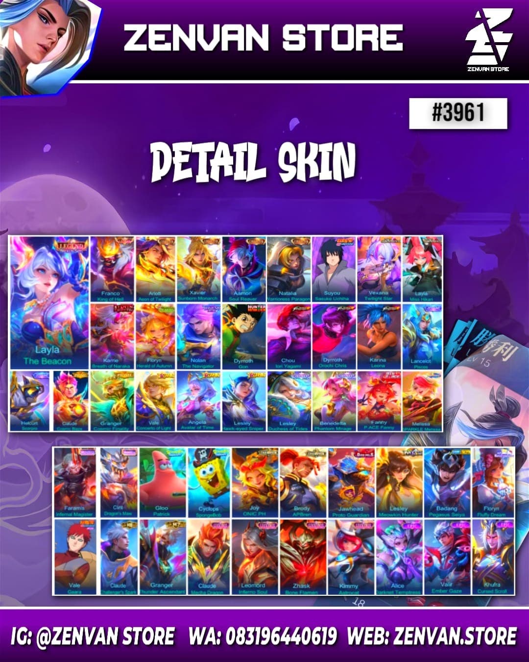 Thumbnail 2 akun ML 🔥 #3961 🔥 484 Skins 💎 Legend Layla & Franco 👑 Collector Arlot, Xavier, Aamon & Natalia ⚔️ Sasuke ⭐ Aspirant Vexana & Layla 🌟 Kinsin Karrie 🎯 11.11 Nolan ✨ HunterxHunter Gon 🔱 KoF Chou, Karina & Dyroth 💎 Prime Granger & Claude 👑 SpongeBob & Petrik ⚔️ Many Limited ⭐ Many Zodiac 🌟 Many Epic ✅ Safe Account