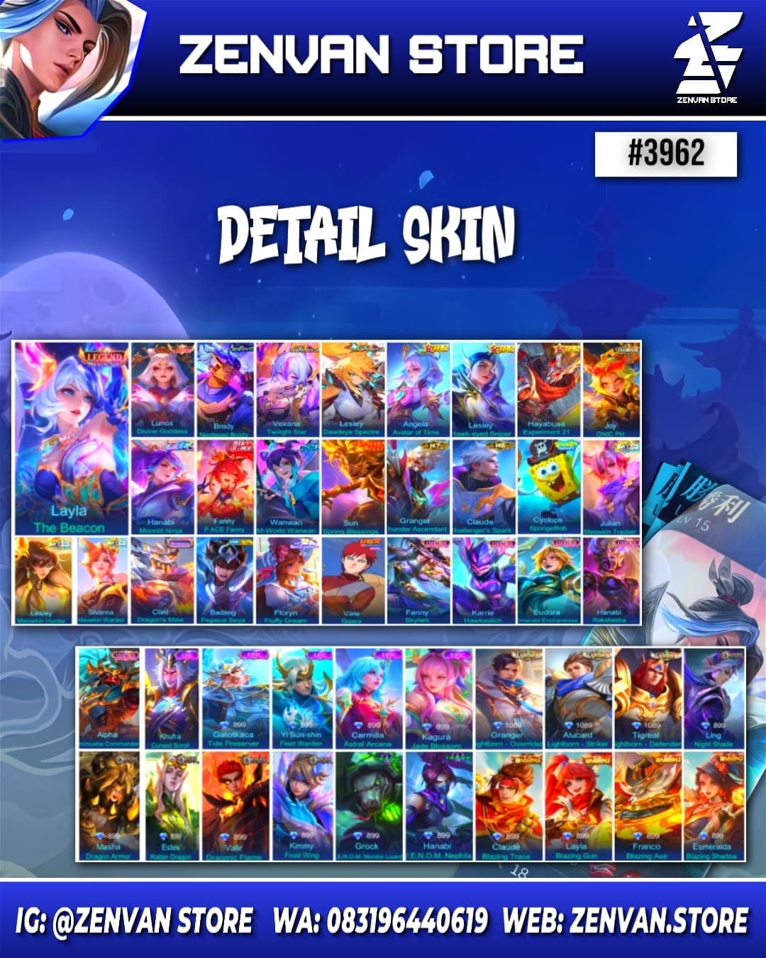Thumbnail 2 akun ML 🔥 #3962 🔥 292 Skins 💎 Legend Layla & Lunox 👑 Neobeast Brody ⚔️ Aspirant Vexana & Lesley ⭐ SpongeBob 🌟 M World Wanwan 🎯 Many Limited ✨ Many Epic ✅ Safe Account