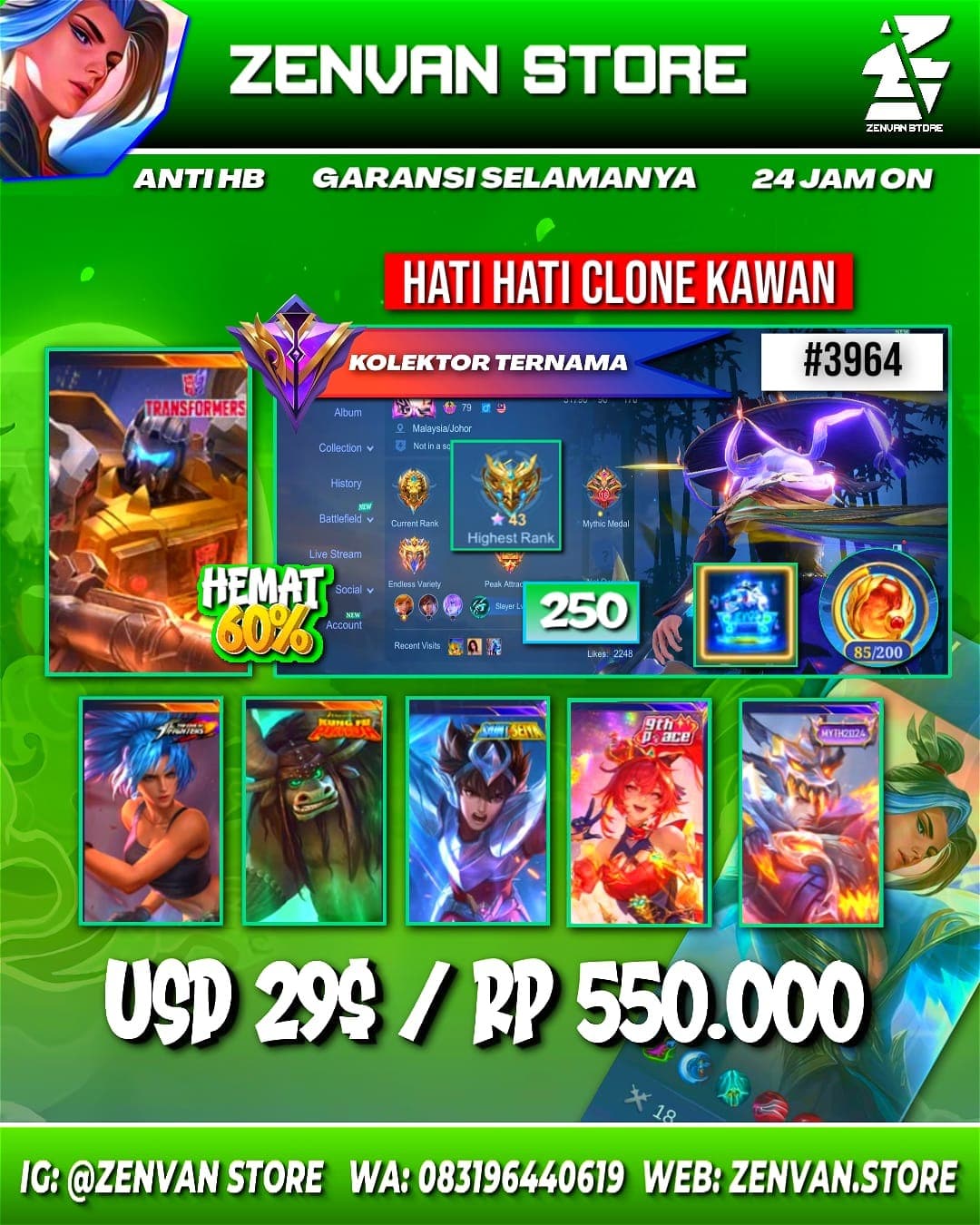 🔥 #3964 🔥 250 Skins 💎 KoF Karina 👑 SpongeBob ⚔️ Transformer Roger ⭐ Kungfu Panda Thamuz 🌟 Many Limited 🎯 Many Epic ✅ Safe Account