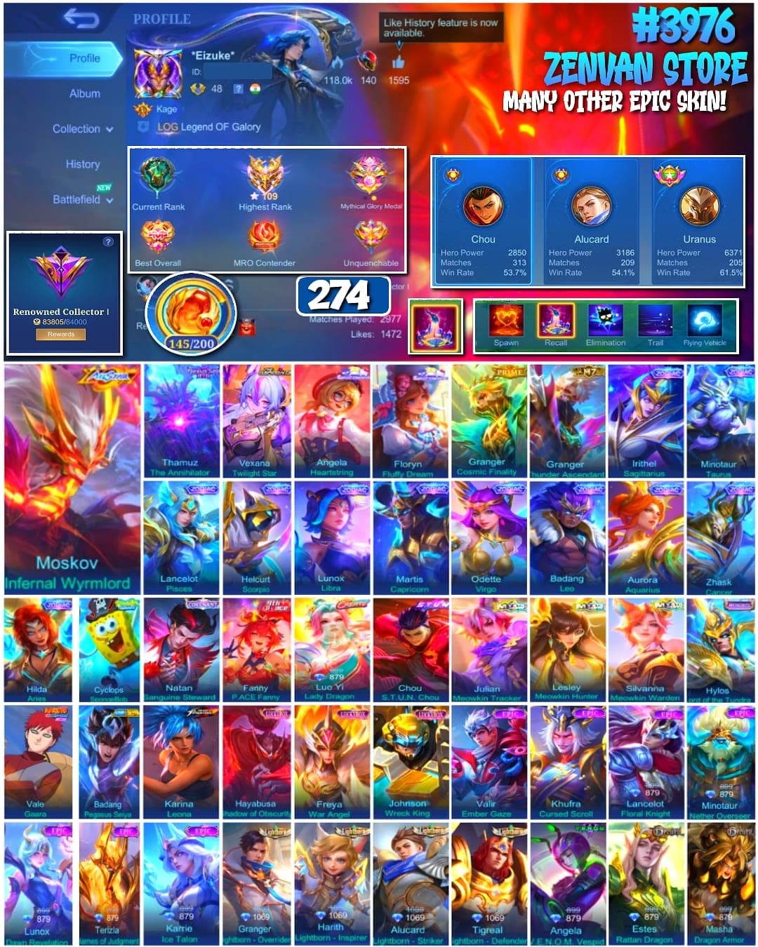 🔥 #3976 🔥 274 Skins 💎 Renowned Collector 👑 All-Star Skin ⚔️ Prime Granger ⭐ M7 Granger Thunder Ascendant 🌟 Zodiac Irithel & Minotaur ✅