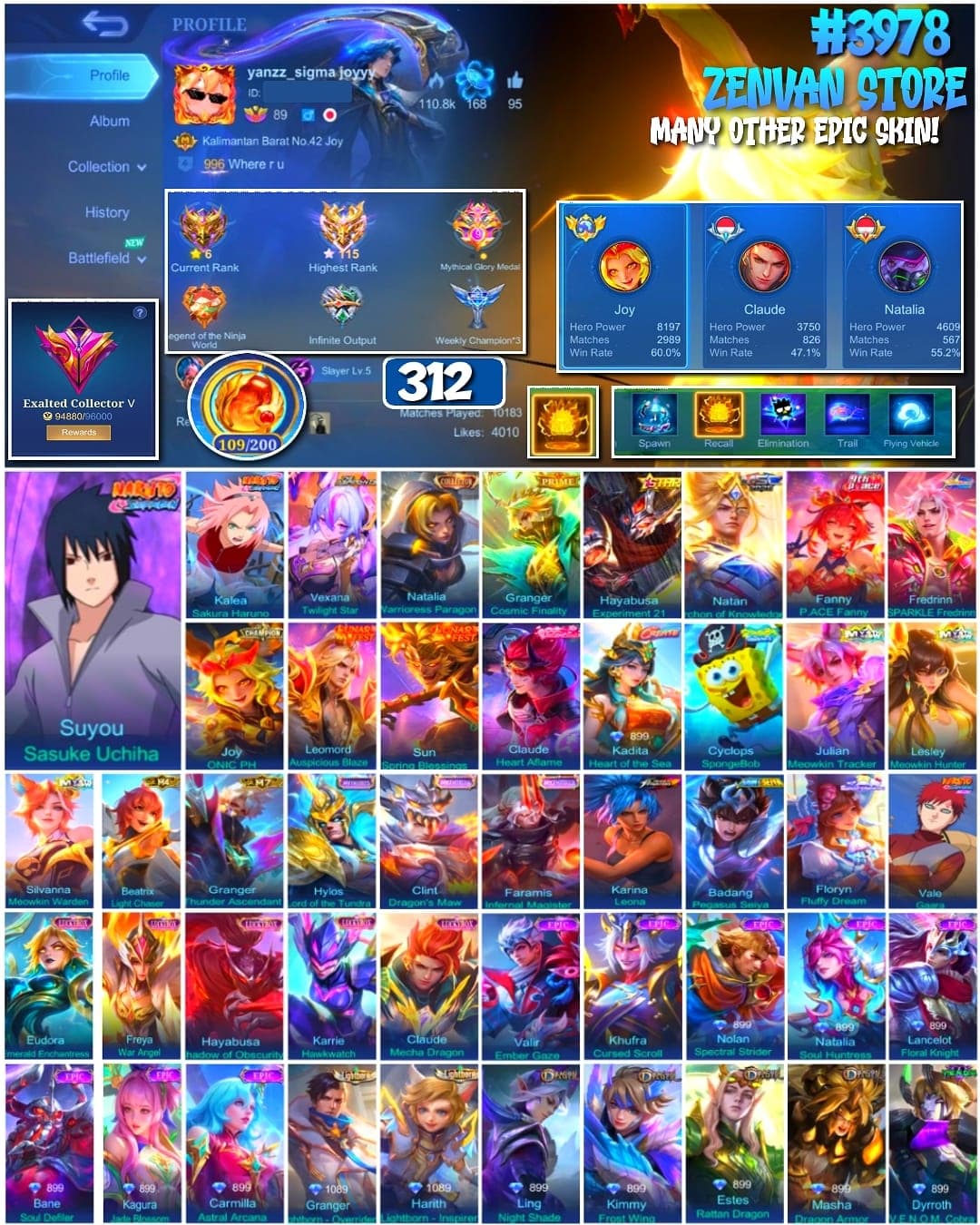 🔥 #3978 🔥 312 Skins 💎 Exalted Collector V 👑 Naruto Sasuke & Sakura ⚔️ Collector Natalia ⭐ Prime Granger 🌟 Star Hayabusa 🎯 P.ACE Fanny ✅