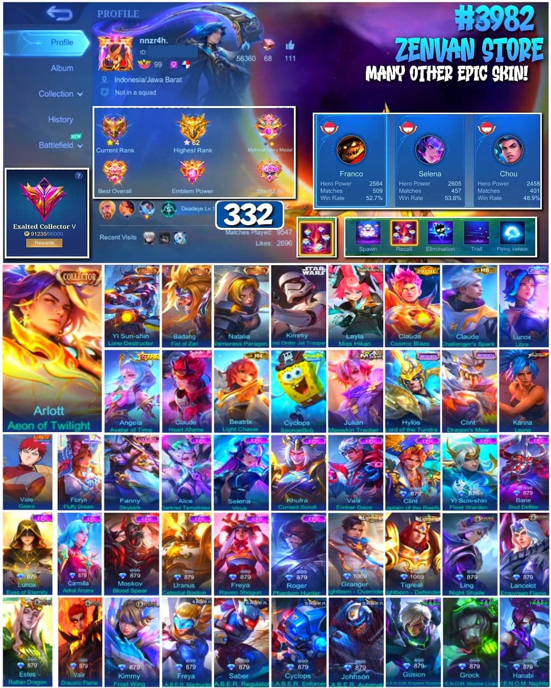 🔥 #3982 🔥 332 Skins 💎 Exalted Collector V 👑 Collector Yi Sun-shin, Badang & Natalia ⚔️ Star Wars Kimmy ⭐ Prime Claude 🌟 M8 Claude 🎯 Zodiac Lunox Libra ✅