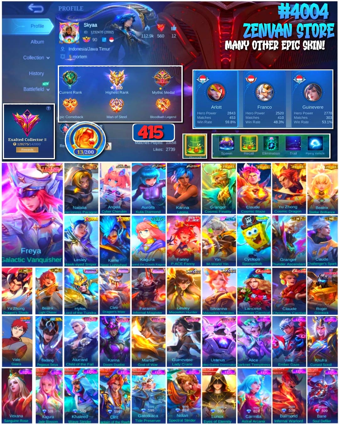 🔥 #4004 🔥 415 Skins 💎 Exalted Collector II 👑 Legend Freya Galactic Vanquisher ⚔️ King of Fighters Aurora & Karina ⭐ Naruto Vale Gaara 🌟 Transformers Roger Grimlock 🎯 SpongeBob Cyclops ✨ Mythic 100 Star Highest Rank ✅ Safe Account
