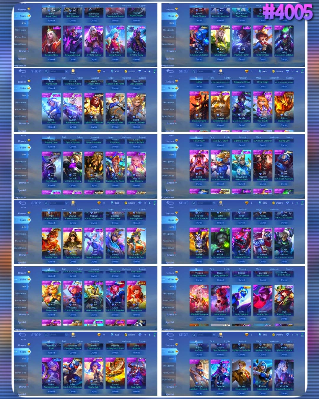 Thumbnail 2 akun ML 🔥 #4005 🔥 569 Skins 💎 Mega Collector III 👑 Legend Alucard Obsidian Blade ⚔️ Legend Gusion Cosmic Gleam ⭐ Collector Yi Sun-shin & Natalia 🌟 Naruto Sasuke, Attack on Titan Levi & Jujutsu Kaisen Satoru Gojo 🎯 5 King of Fighters Skins 🔱 Mythic 160 Stars ✅ Safe Account