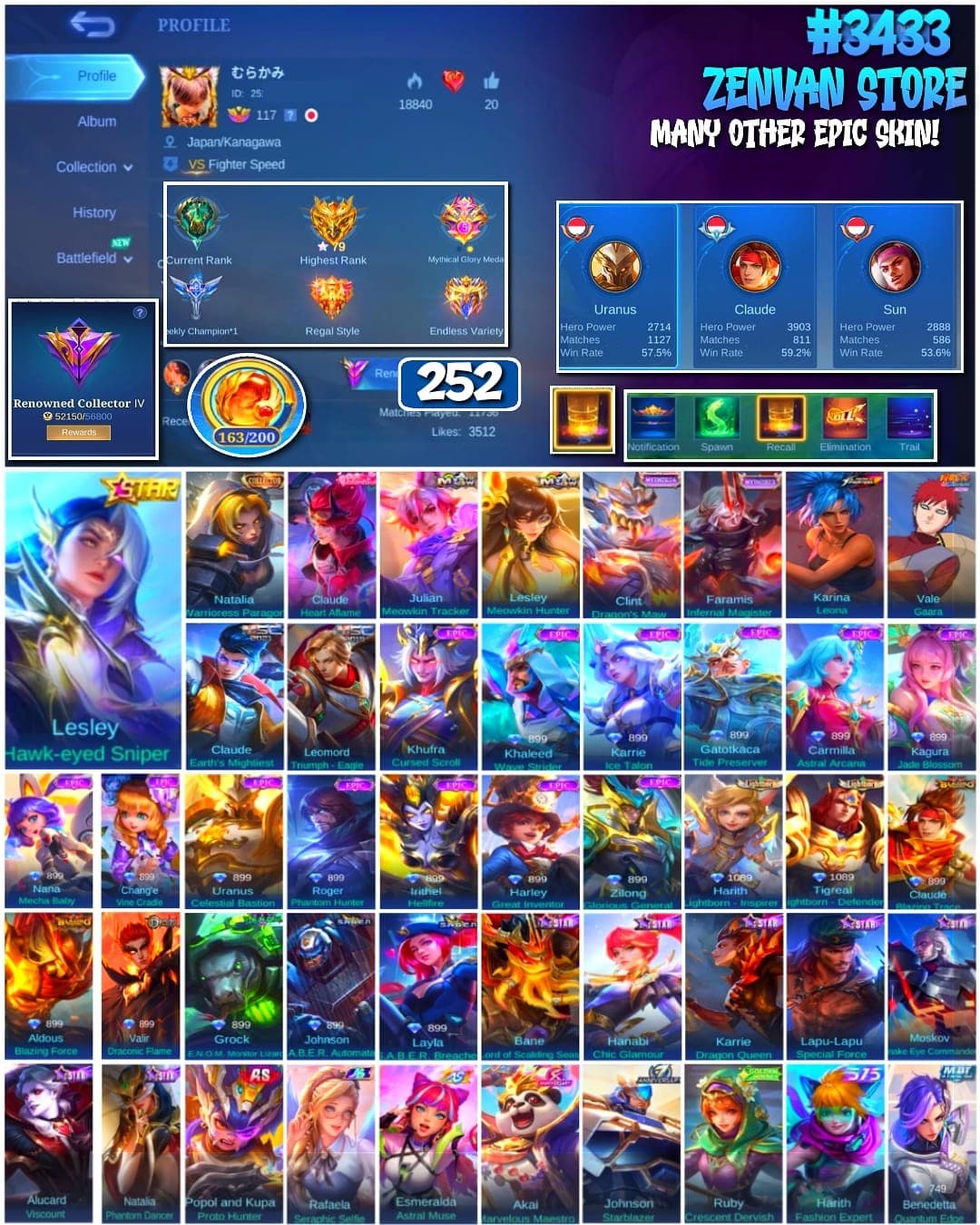 🔥 #3433 🔥 252 Skins 💎 Collector Natalia 👑 KoF Karina ⚔️ Many Epic ✅