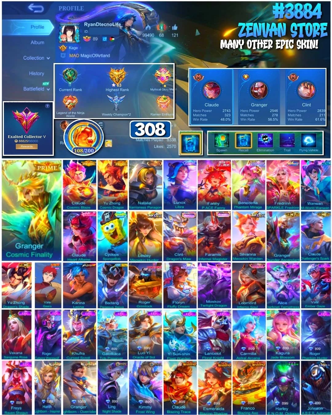 🔥 #3884 🔥 308 Skins 💎 Prime Granger, Claude & Yu Zhong 👑 Collector Natalia ⚔️ M World Wanwan ⭐ SpongeBob 🌟 Transformer 🎯 Many Limited ✨ Many Zodiac 🔱 Many Epic ✅ Safe Account