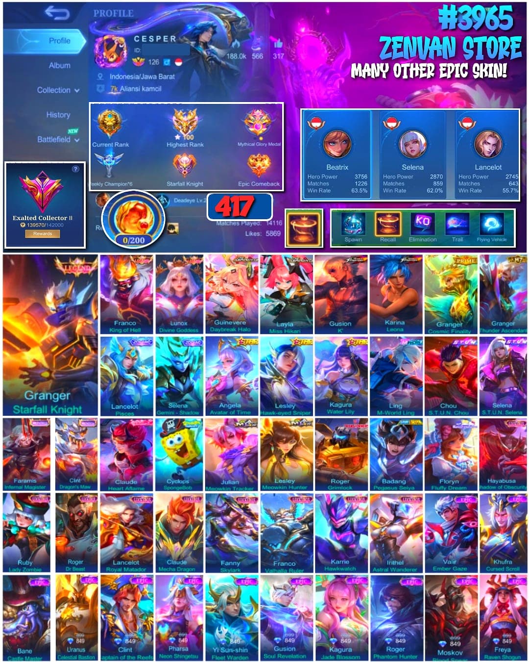 🔥 #3965 🔥 417 Skins 💎 Legend Granger, Franco & Lunox 👑 Aspirant Guinevere & Layla ⚔️ KoF Gusion & Karina ⭐ Prime Granger 🌟 Stun Selena & Chou 🎯 Transformer Roger ✨ SpongeBob 🔱 Many Limited 💎 Many Zodiac 👑 Many Epic ✅ Safe Account