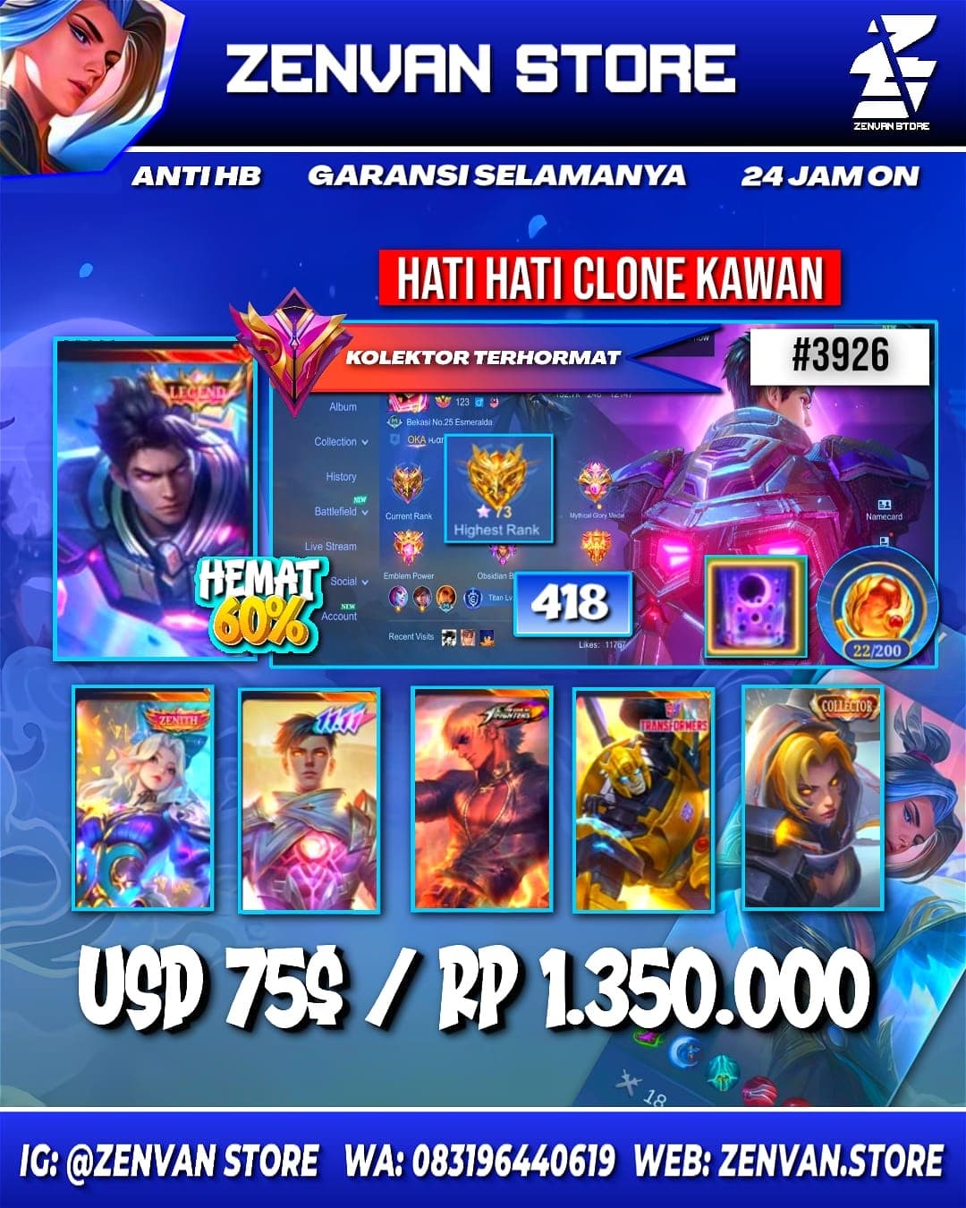 🔥 #3926 🔥 418 Skins 💎 Legend Alucard 👑 Collector Natalia ⚔️ Zenith Selena ⭐ 11.11 Gusion 🌟 KoF Gusion & Karina 🎯 Transformer X Borg & Roger ✨ SpongeBob 🔱 Many Limited 💎 Many Zodiac 👑 Many Epic ✅ Safe Account