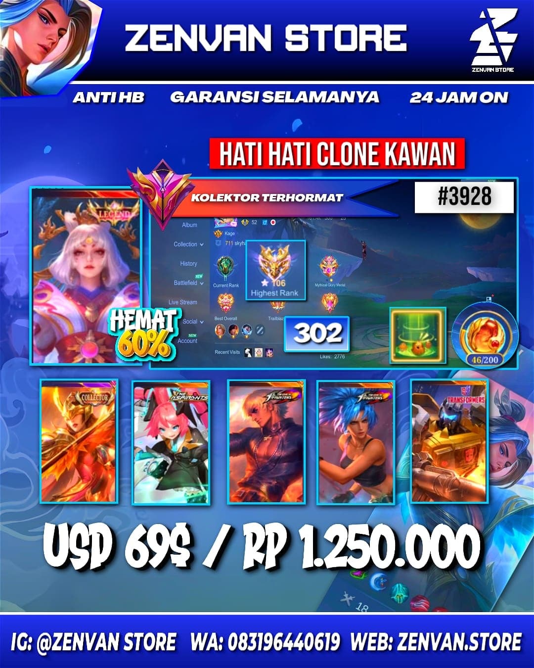 🔥 #3928 🔥 302 Skins 💎 Legend Lunox 👑 Collector Pharsa & Natalia ⚔️ Aspirant Layla ⭐ KoF Gusion & Karina 🌟 Stun Chou 🎯 Transformer Roger ✨ Many Limited 🔱 Many Zodiac 💎 Many Epic ✅ Safe Account