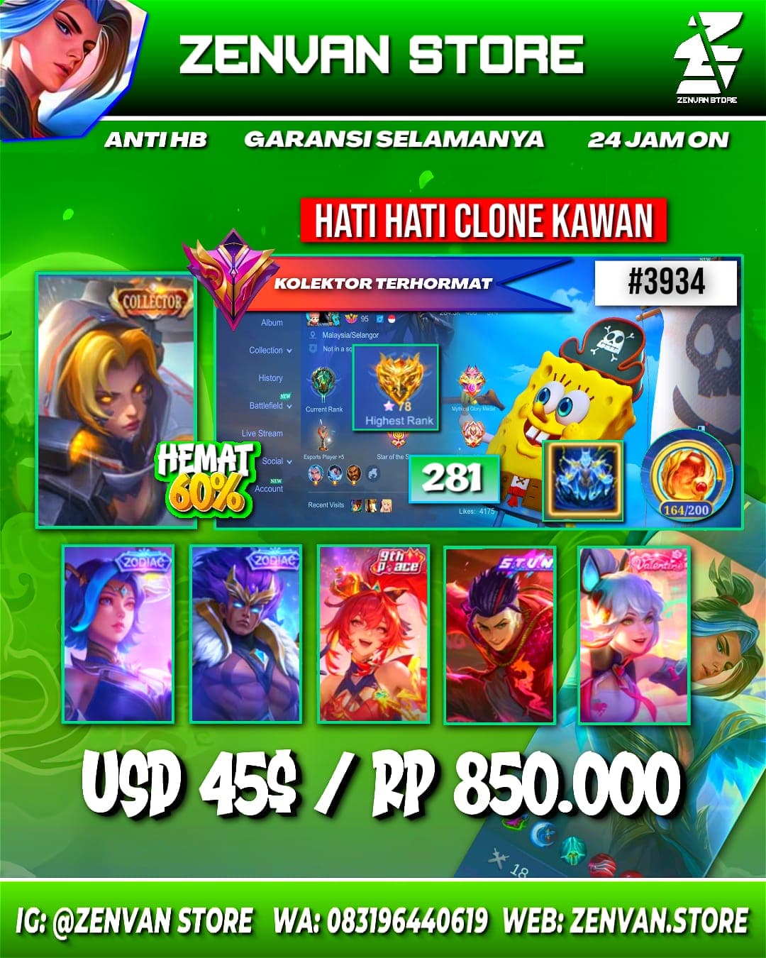 🔥 #3934 🔥 321 Skins 💎 Collector Natalia 👑 Vale Gaara ⚔️ Saint Seiya Badang ⭐ Transformer Roger 🌟 SpongeBob 🎯 Many Limited ✨ Many Zodiac 🔱 Many Epic ✅ Safe Account