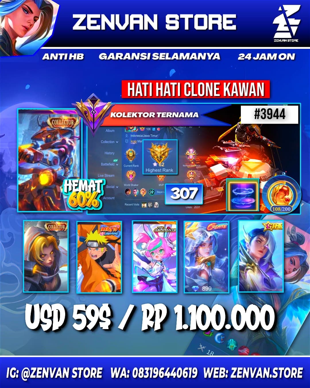 🔥 #3944 🔥 307 Skins 💎 Collector Yin Shun Shin & Natalia 👑 Naruto ⚔️ Aspirant Chang'e ⭐ Gara 🌟 Many Limited 🎯 Many Epic ✅ Safe Account