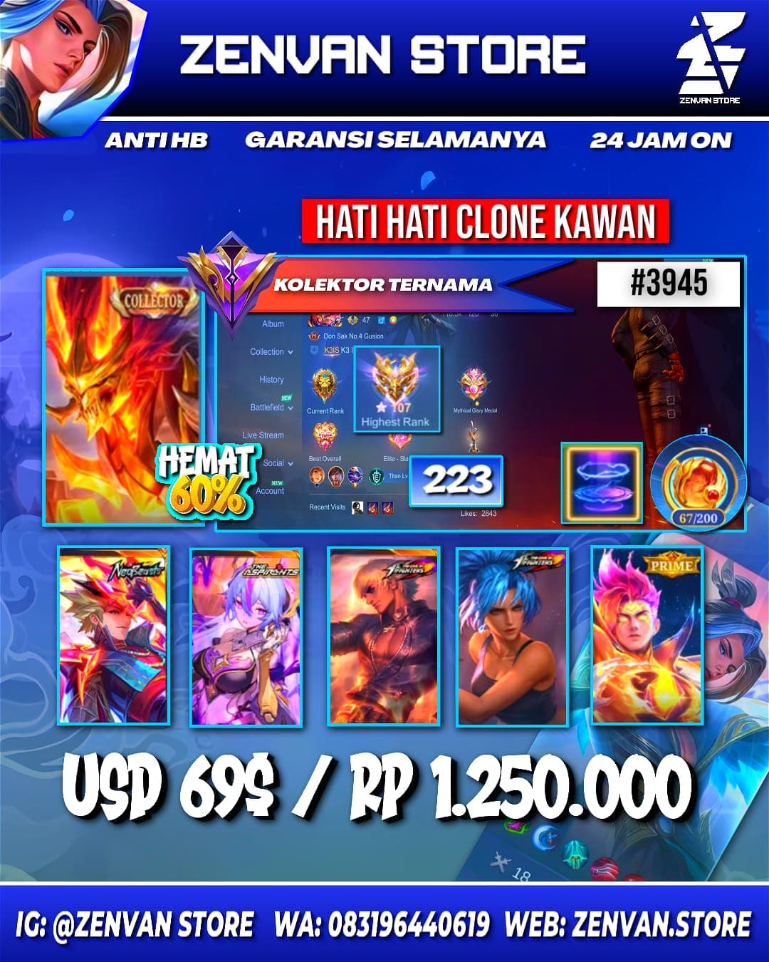 🔥 #3945 🔥 223 Skins 💎 Collector Hanzo 👑 Neobeast Ling ⚔️ Aspirant Vexana ⭐ KoF Gusion & Karina 🌟 Prime Claude 🎯 SpongeBob ✨ Gara 🔱 Many Limited 💎 Many Epic ✅ Safe Account