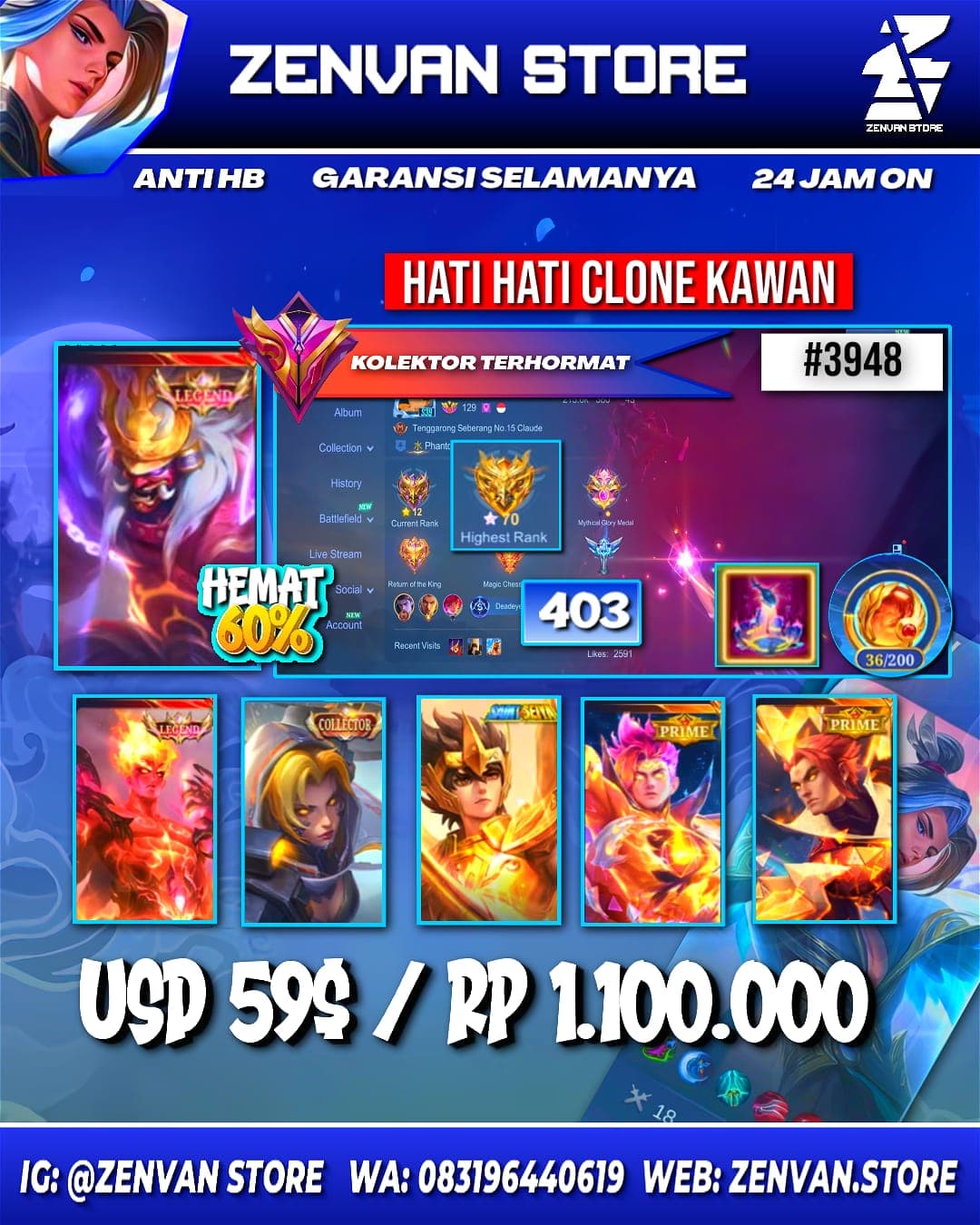 🔥 #3948 🔥 403 Skins 💎 Legend Franco & Valir 👑 Collector Natalia ⚔️ Saint Seiya Badang ⭐ Prime Claude & Yu Zhong 🌟 SpongeBob 🎯 Stun Chou ✨ KoF Karina 🔱 Many Limited 💎 Many Zodiac 👑 Many Epic ✅ Safe Account