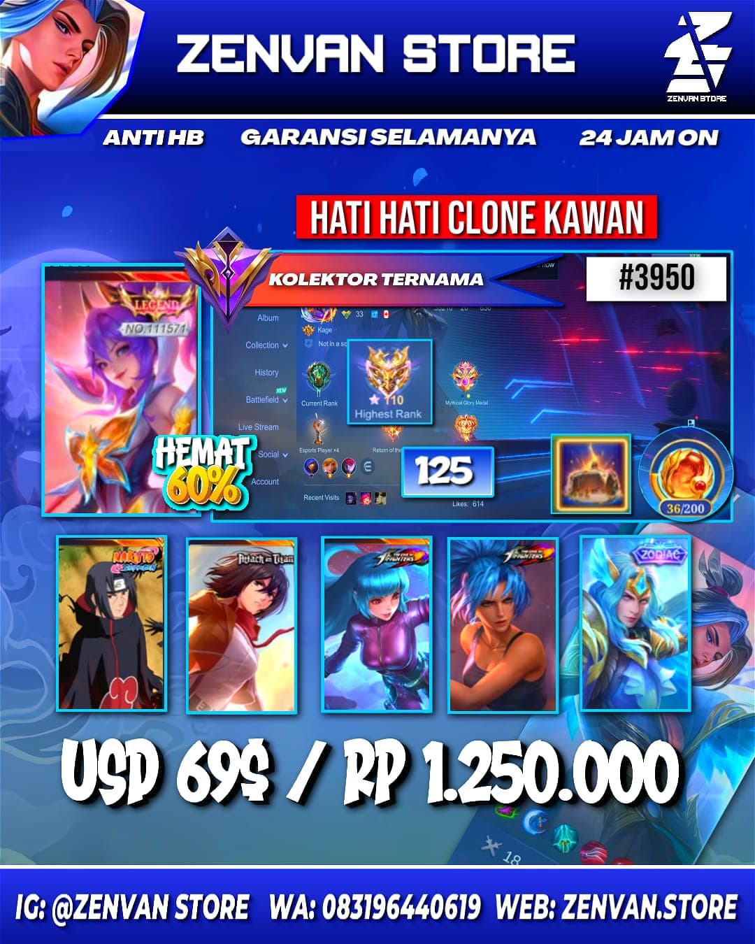 🔥 #3950 🔥 125 Skins 💎 Legend Fanny 👑 Itachi ⚔️ Attack on Titan Mikasa ⭐ KoF Aurora & Karina 🌟 Many Limited 🎯 Many Zodiac ✨ Many Epic ✅ Safe Account