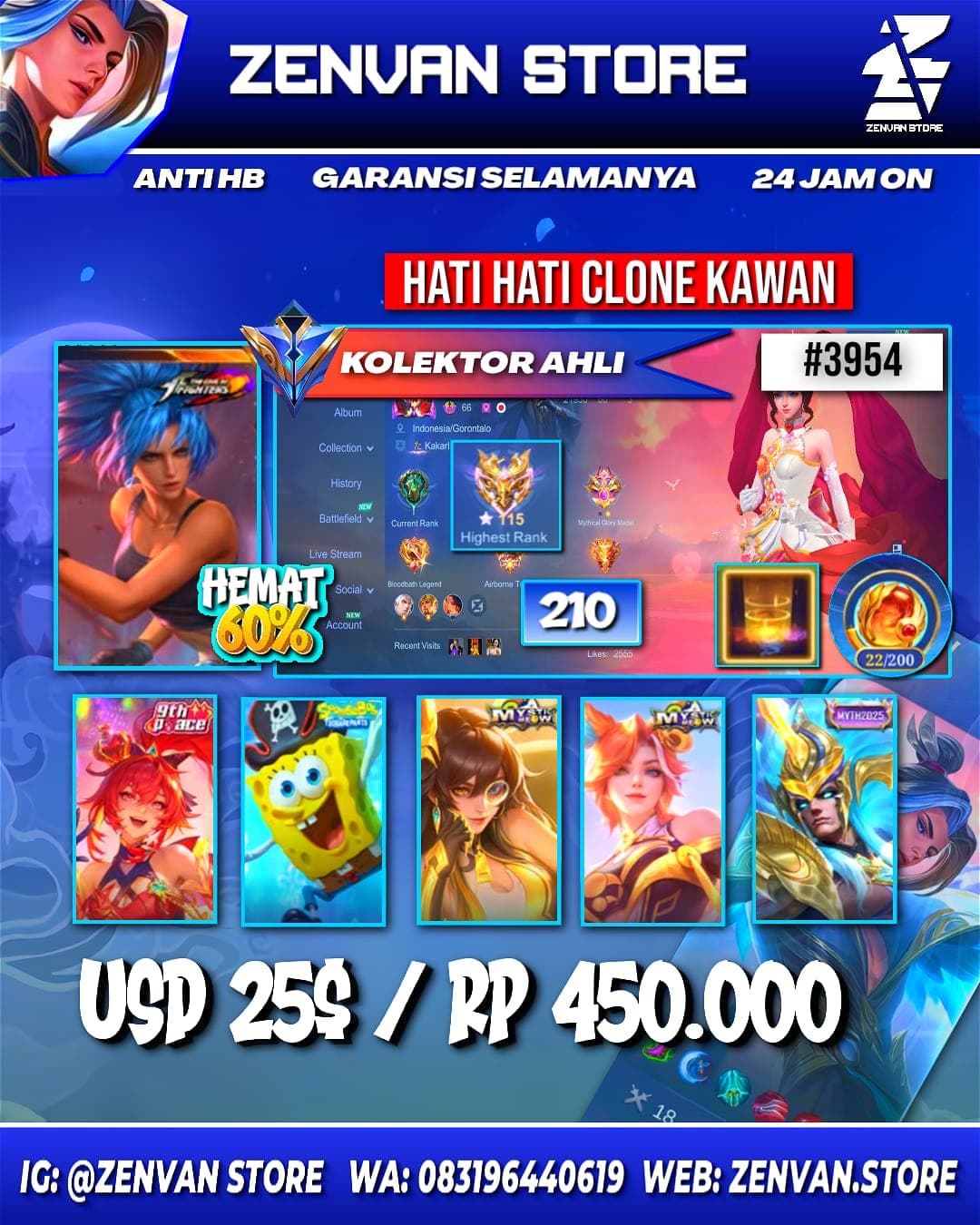 🔥 #3954 🔥 210 Skins 💎 KoF Karina 👑 SpongeBob ⚔️ Gara ⭐ Many Epic ✅ Safe Account