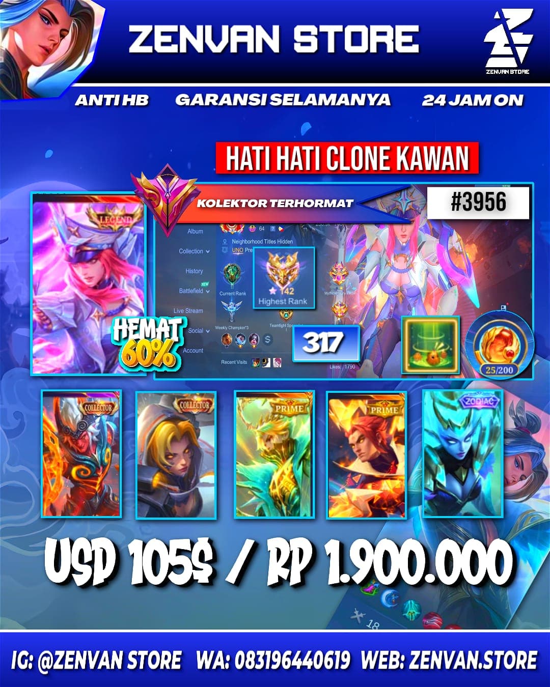 🔥 #3956 🔥 317 Skins 💎 Legend Freya 👑 Collector Kufra & Natalia ⚔️ Prime Granger & Yu Zhong ⭐ SpongeBob 🌟 KoF Karina 🎯 Transformer Roger ✨ Many Limited 🔱 Many Zodiac 💎 Many Epic ✅ Safe Account