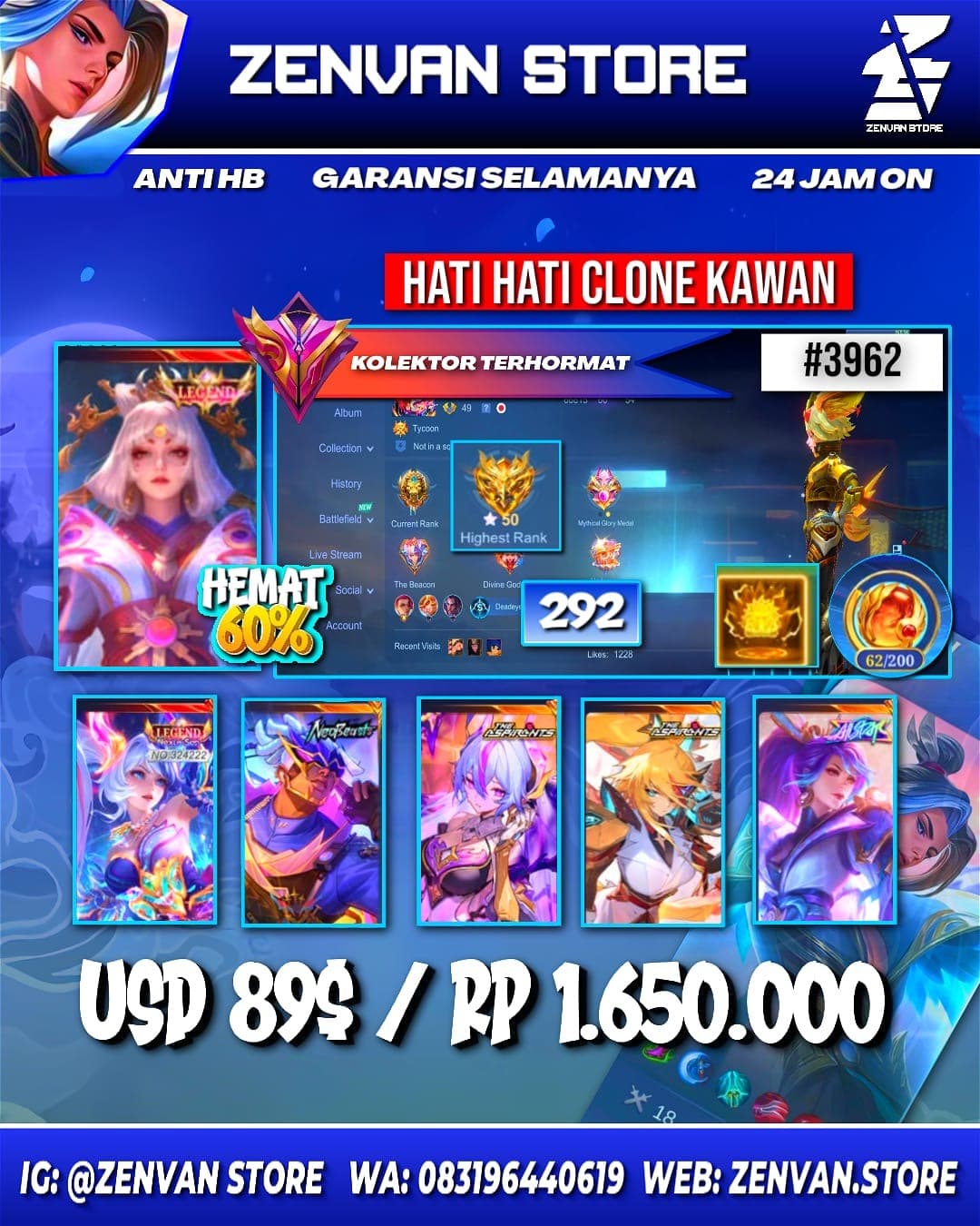 🔥 #3962 🔥 292 Skins 💎 Legend Layla & Lunox 👑 Neobeast Brody ⚔️ Aspirant Vexana & Lesley ⭐ SpongeBob 🌟 M World Wanwan 🎯 Many Limited ✨ Many Epic ✅ Safe Account