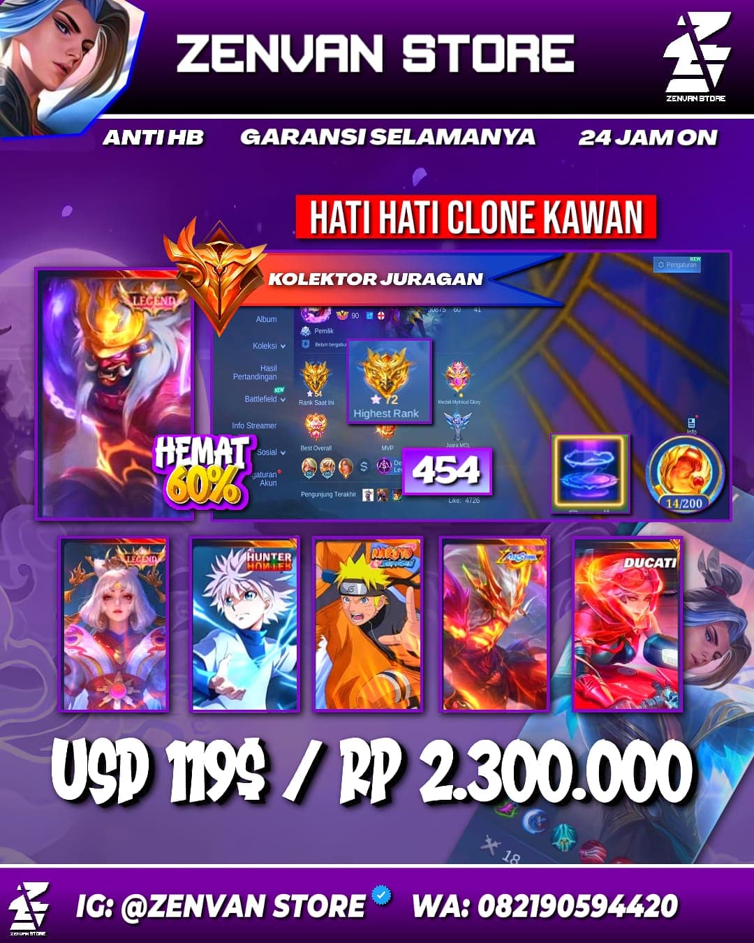 Foto akun ML #3628 🔥 454 Skins 🔥 Legend Lunox & Franco 🔥 Collector Jawhead & Natalia 🔥 Naruto 🔥 HxH Killua 🔥 Many Limited 🔥 Many Zodiacs 🔥 Many Epic 🔥 Safe Account ✅ - gambar 1