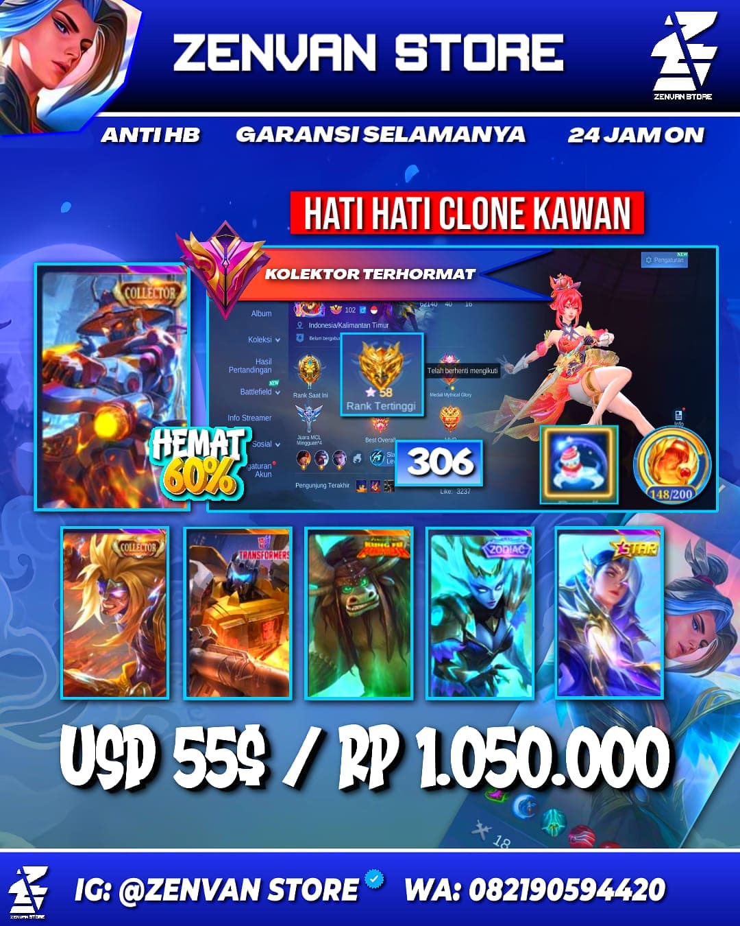Foto akun ML #3625 🔥 306 Skins 🔥 3 Collectors 🔥 Yin Sun Shin, Badang & Natalia 🔥 Transformers Roger 🔥 KoF Karina 🔥 Many Limited 🔥 Many Epic 🔥 Safe Account ✅ - gambar 1