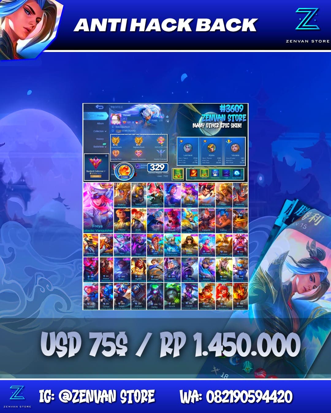 Foto akun ML #3609 🔥 329 Skins 🔥 Legend Freya 🔥 Collector Badang & Natalia 🔥 Aspirant Layla 🔥 M-World Ling 🔥 Transformers Roger 🔥 KoF Karina 🔥 Many Limited 🔥 Many Epic 🔥 Safe Account ✅ - gambar 1