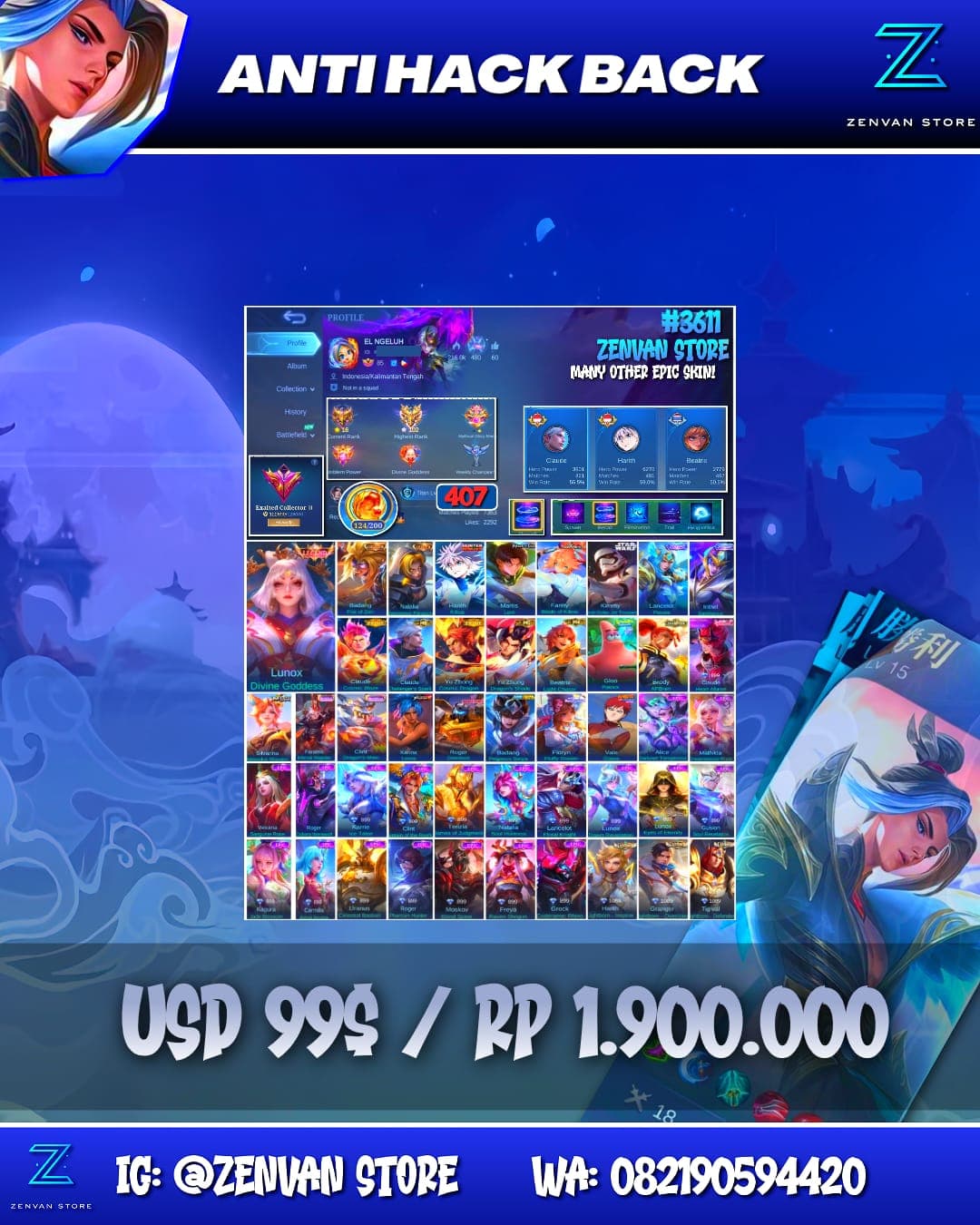 Foto akun ML #3611 🔥 407 Skins 🔥 Legend Lunox 🔥 Collector Badang & Natalia 🔥 HxH Killua 🔥 AoT Levi 🔥 StarWars Kimmy 🔥 Aspirant Fanny 🔥 Prime Claude & Yu Zhong 🔥 KoF Karina 🔥 Many Limited 🔥 Many Zodiacs - gambar 1